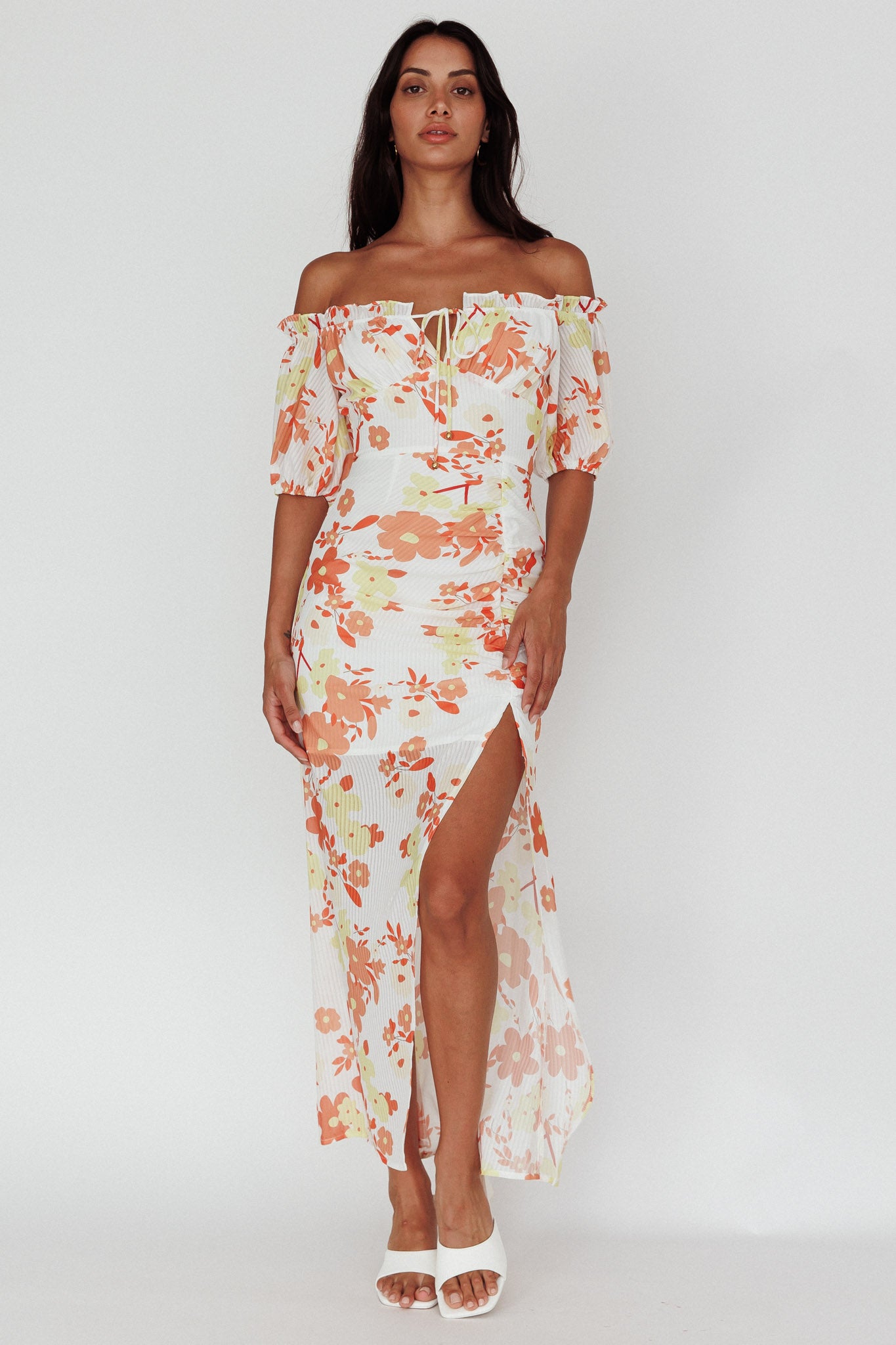 Jalynn Off-Shoulder Split Midi Dress Floral Orange-Maymioy