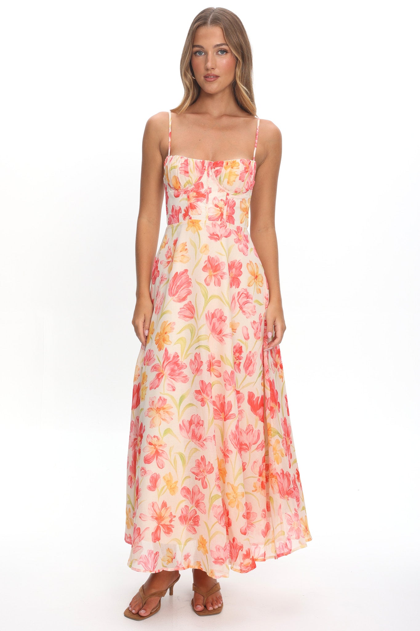 Echoes Tied Back A-Line Maxi Dress Floral Pink-Maymioy