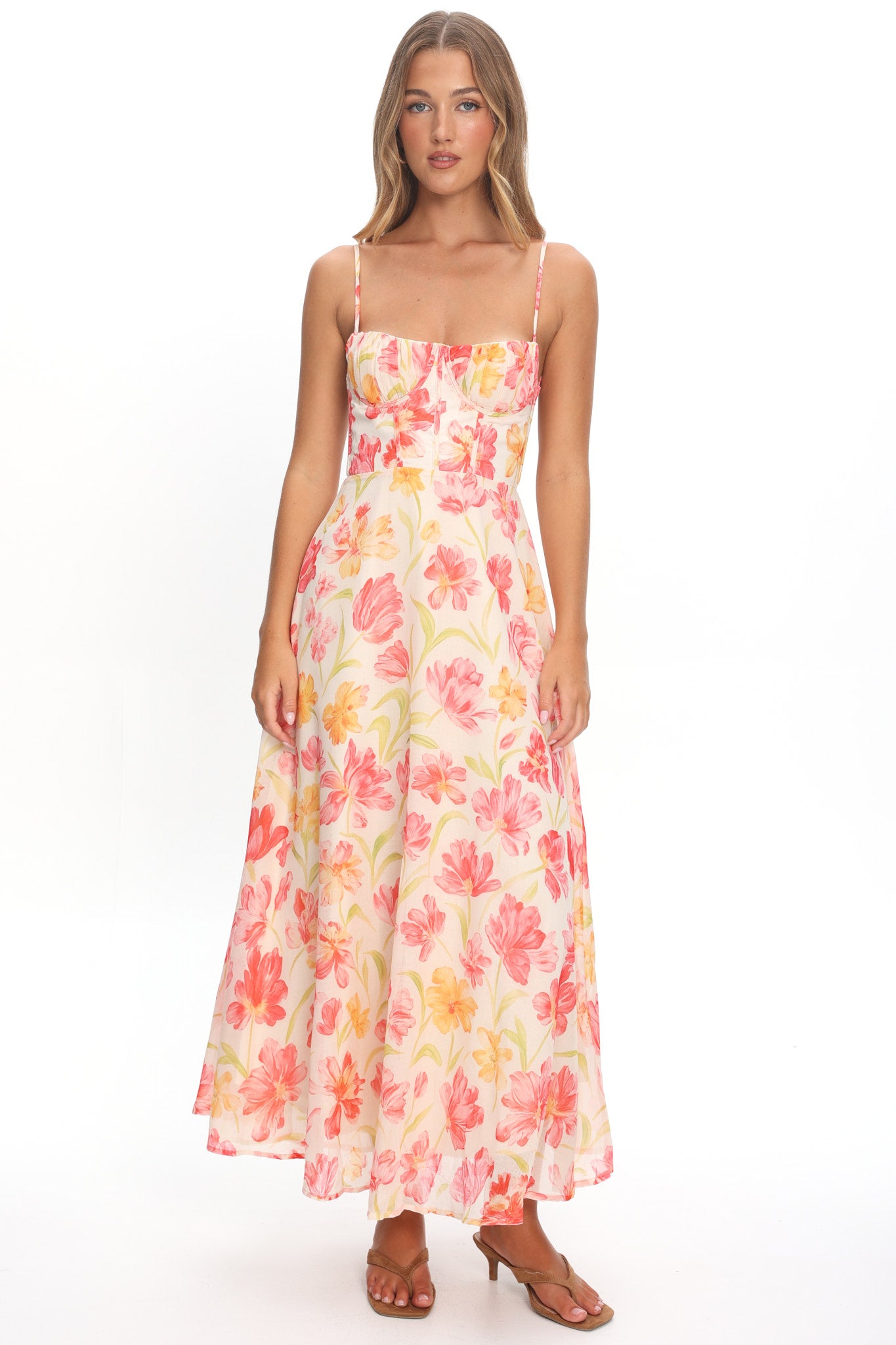 Echoes Tied Back A-Line Maxi Dress Floral Pink-Maymioy