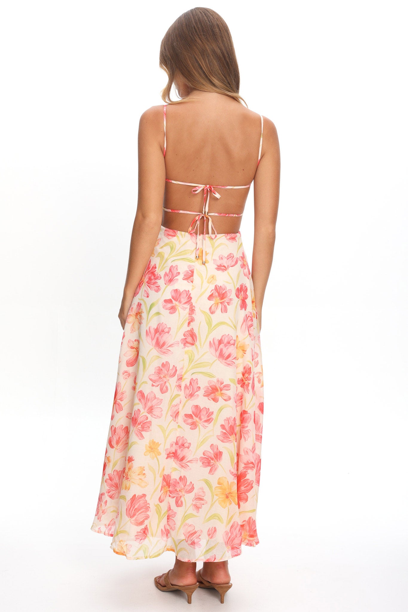 Echoes Tied Back A-Line Maxi Dress Floral Pink-Maymioy
