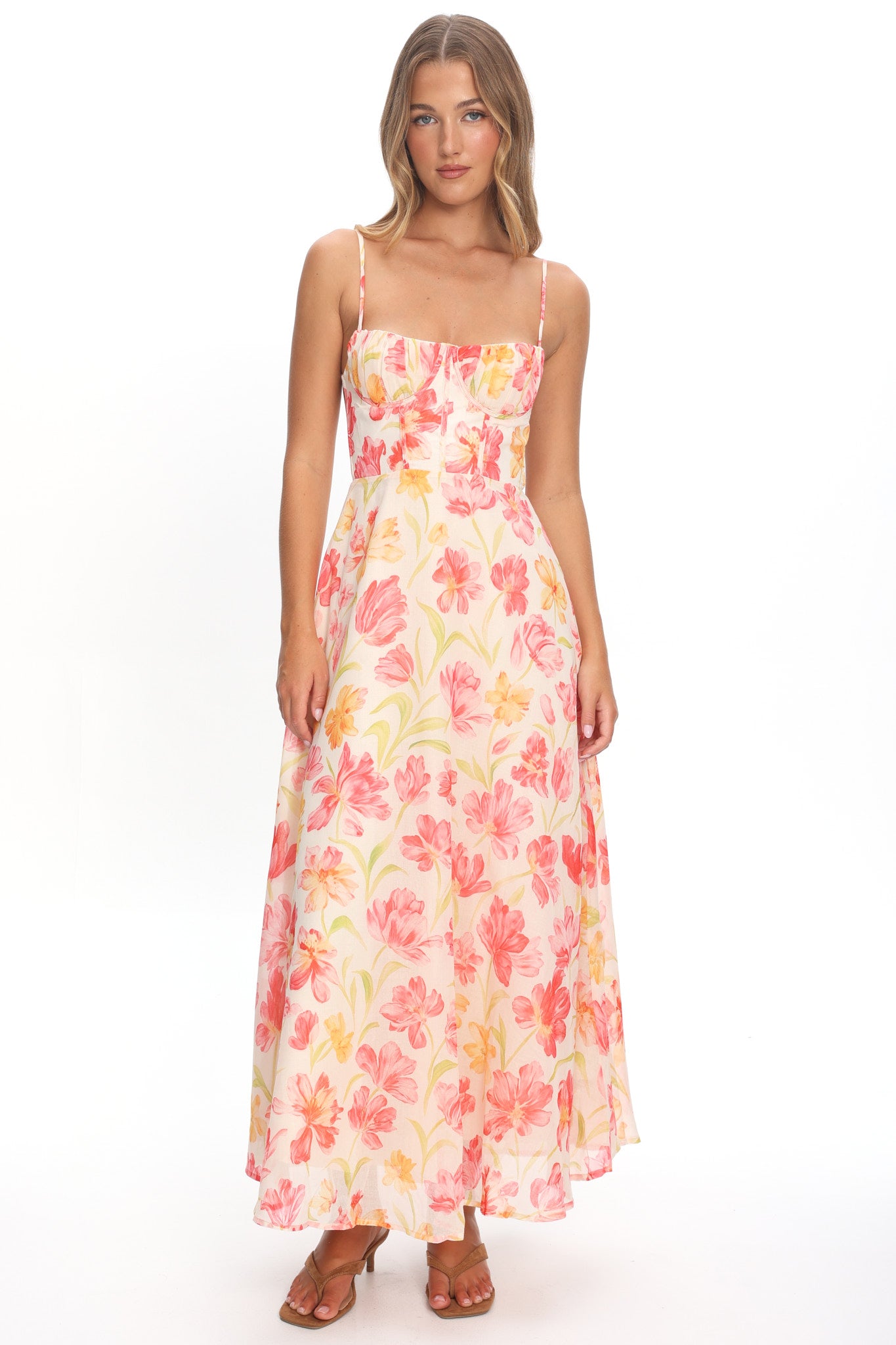 Echoes Tied Back A-Line Maxi Dress Floral Pink-Maymioy