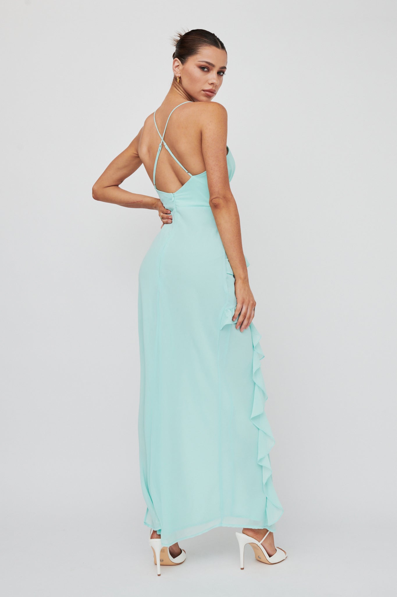 Check Mate Frill Trim Cut-Out Split Dress Mint-Maymioy