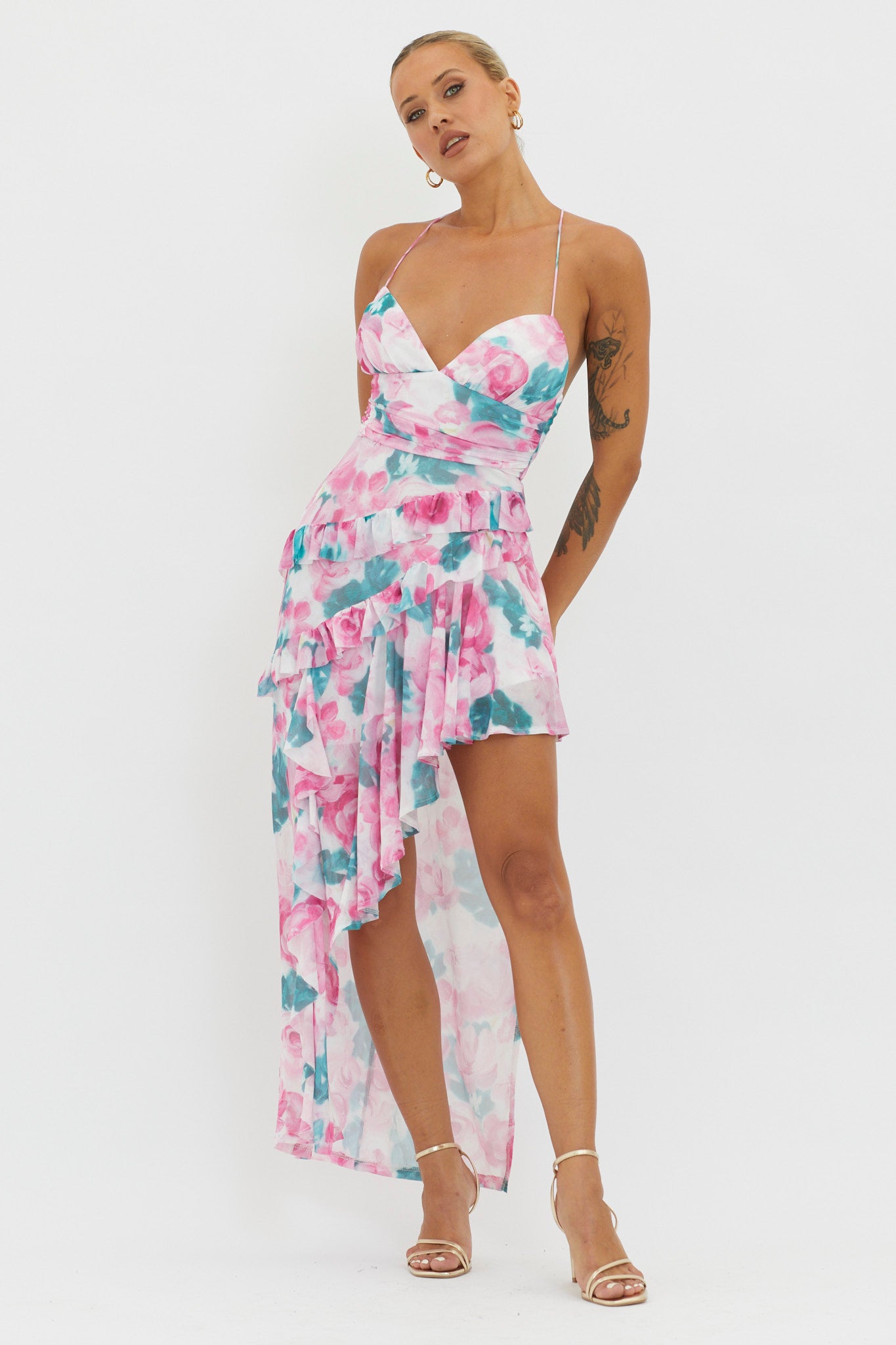 Check Mate Frill Trim Cut-Out Split Dress Floral Pink-Maymioy
