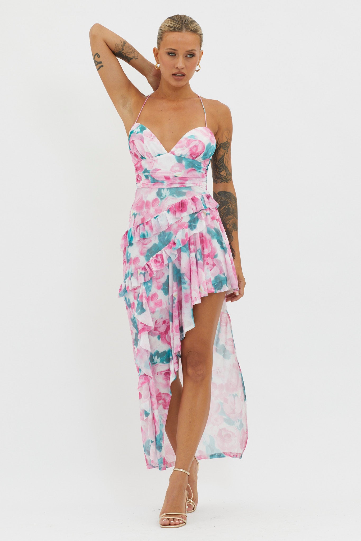 Check Mate Frill Trim Cut-Out Split Dress Floral Pink-Maymioy