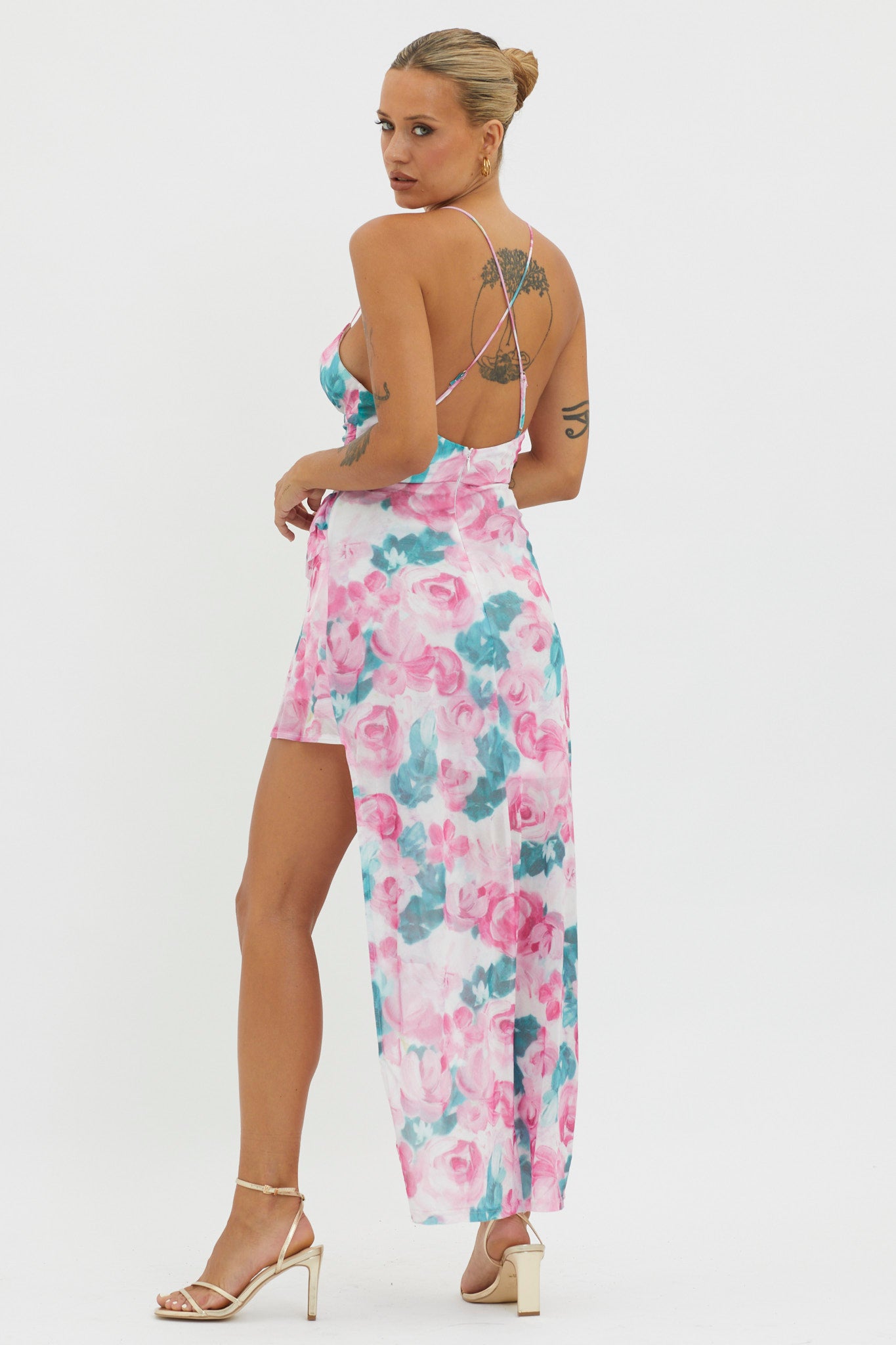 Check Mate Frill Trim Cut-Out Split Dress Floral Pink-Maymioy