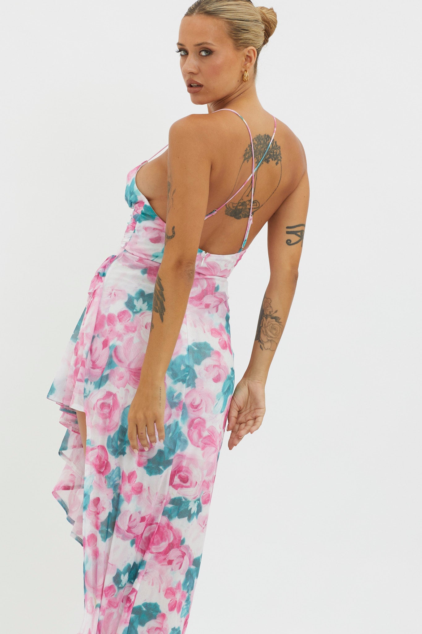 Check Mate Frill Trim Cut-Out Split Dress Floral Pink-Maymioy