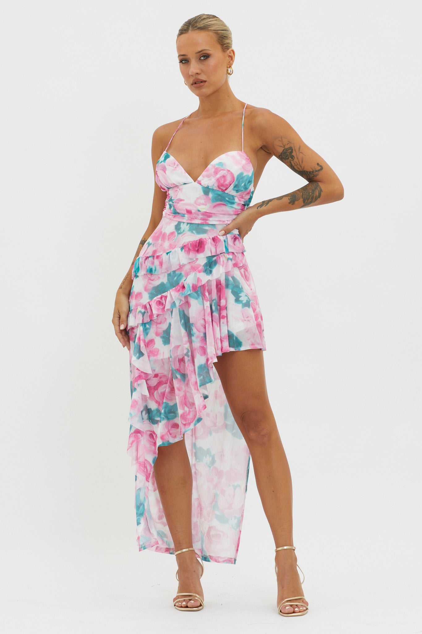 Check Mate Frill Trim Cut-Out Split Dress Floral Pink-Maymioy