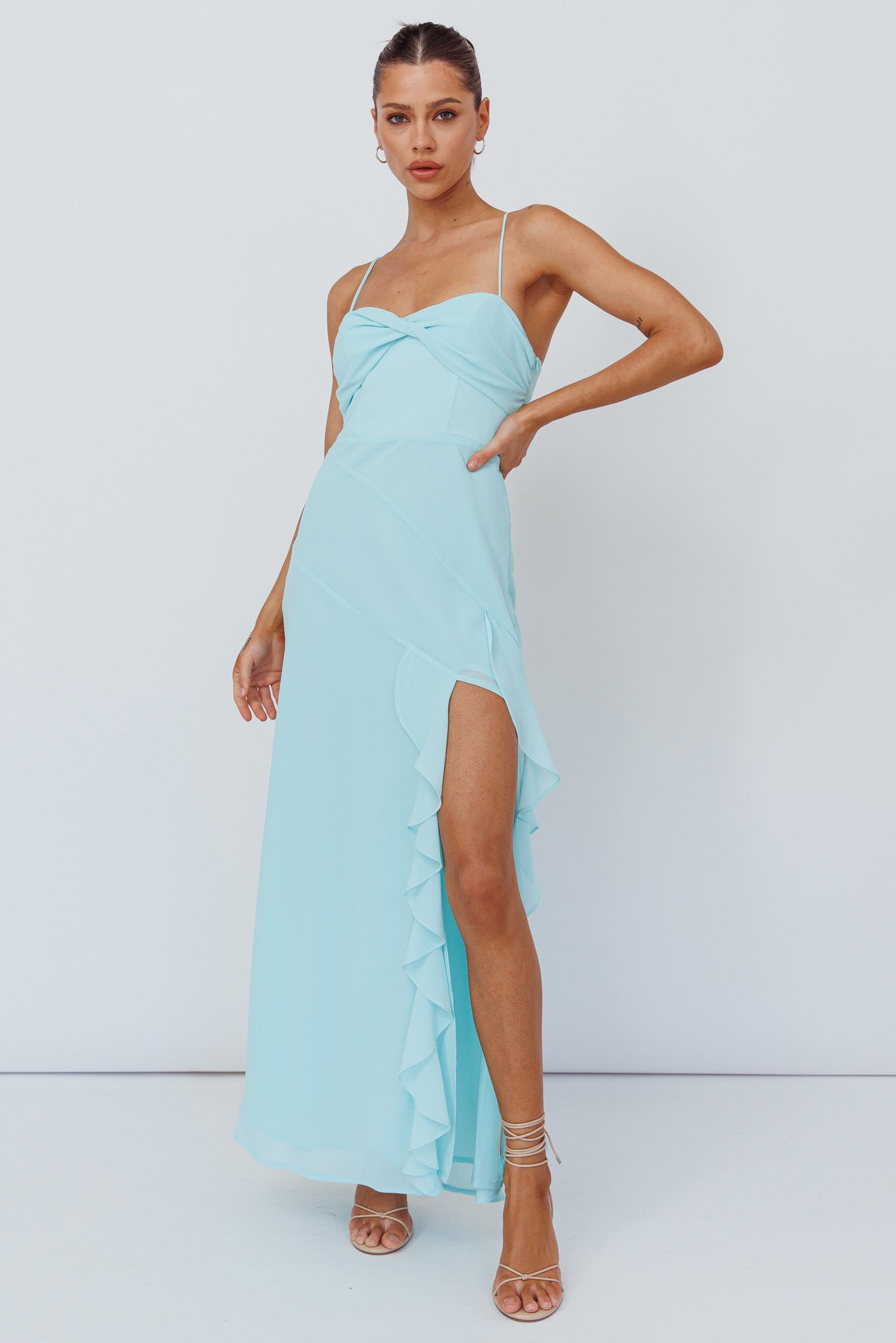 Jayna Ruffle Trim Split Dress Mint-Maymioy