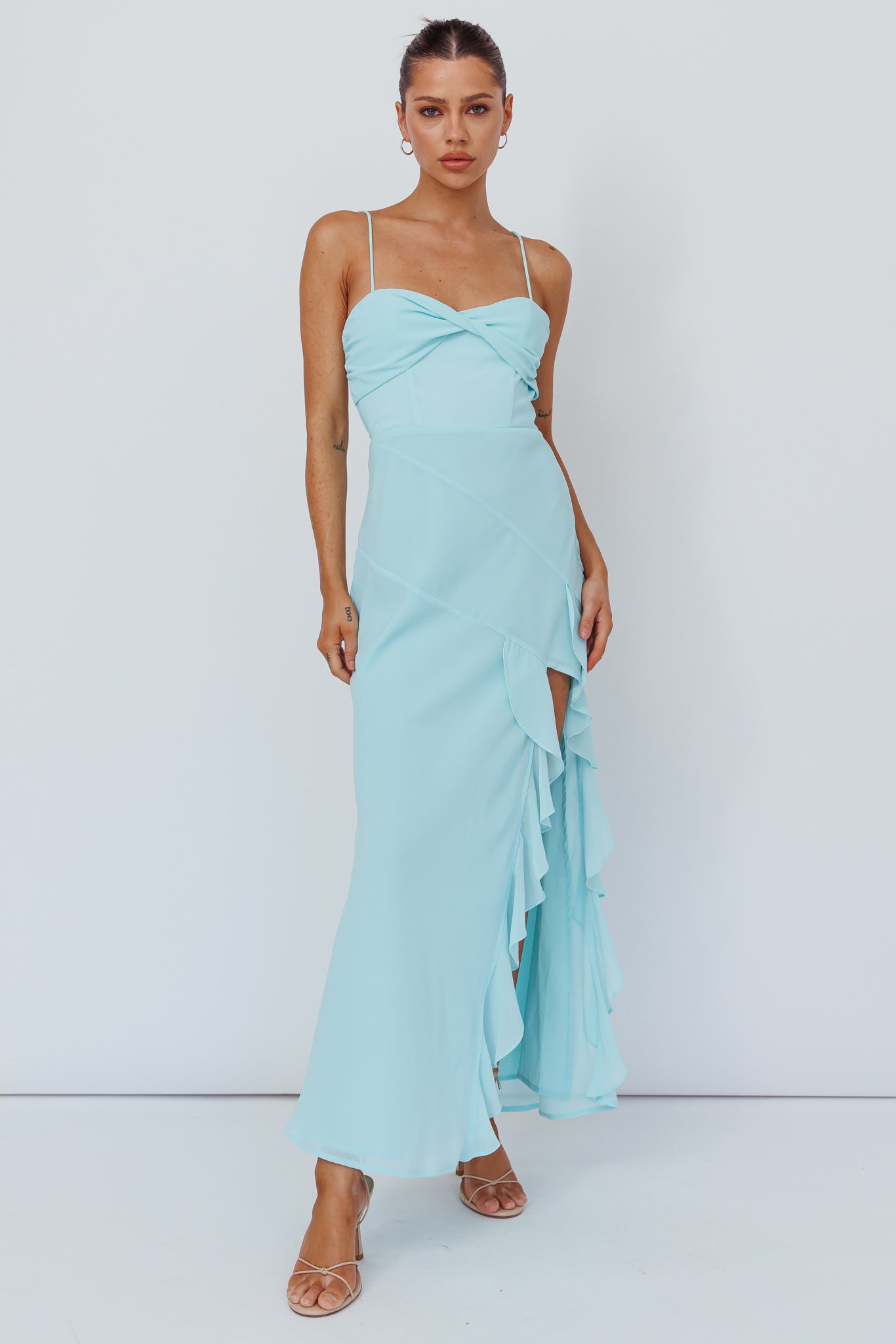 Jayna Ruffle Trim Split Dress Mint-Maymioy