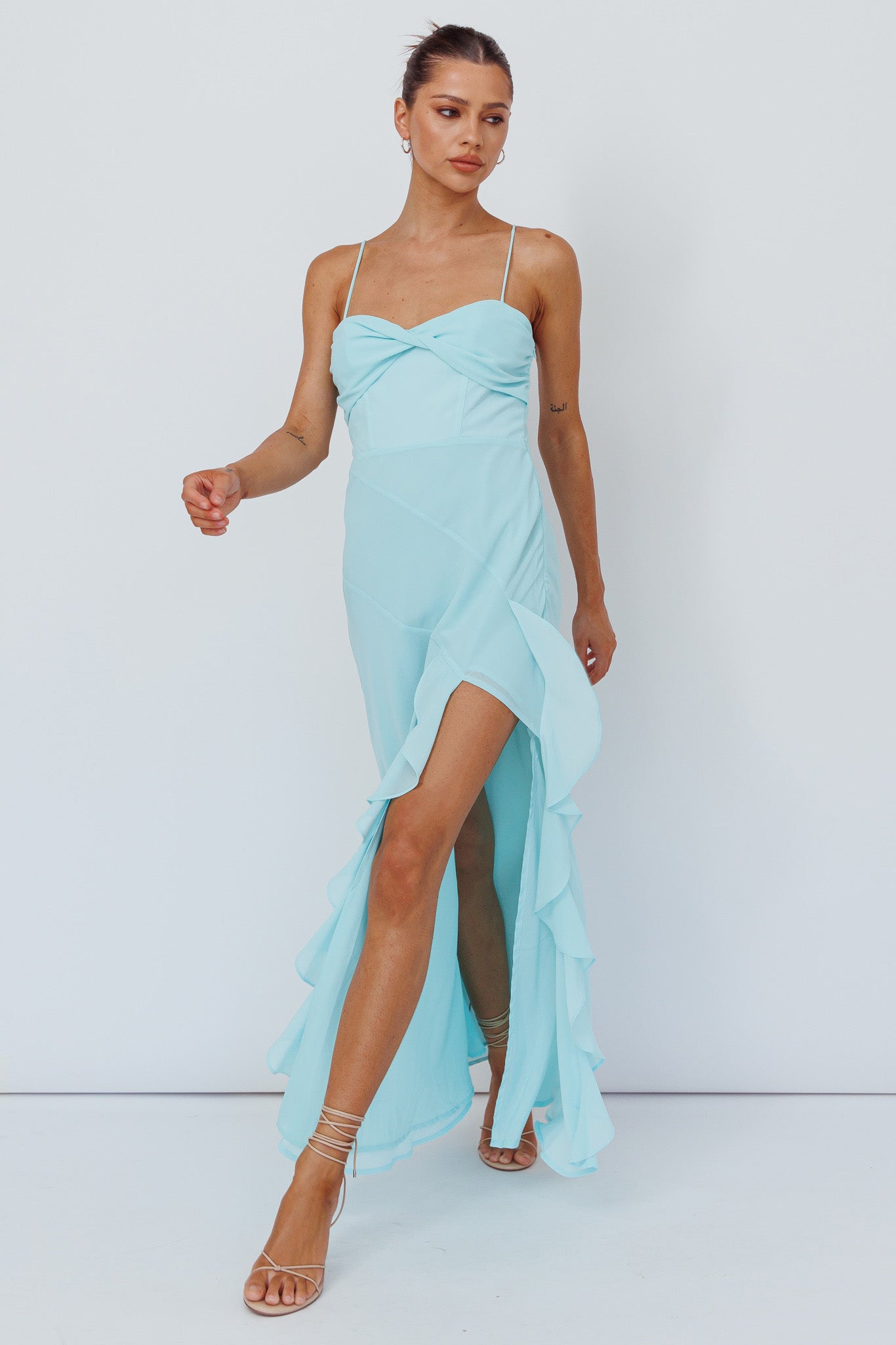 Jayna Ruffle Trim Split Dress Mint-Maymioy