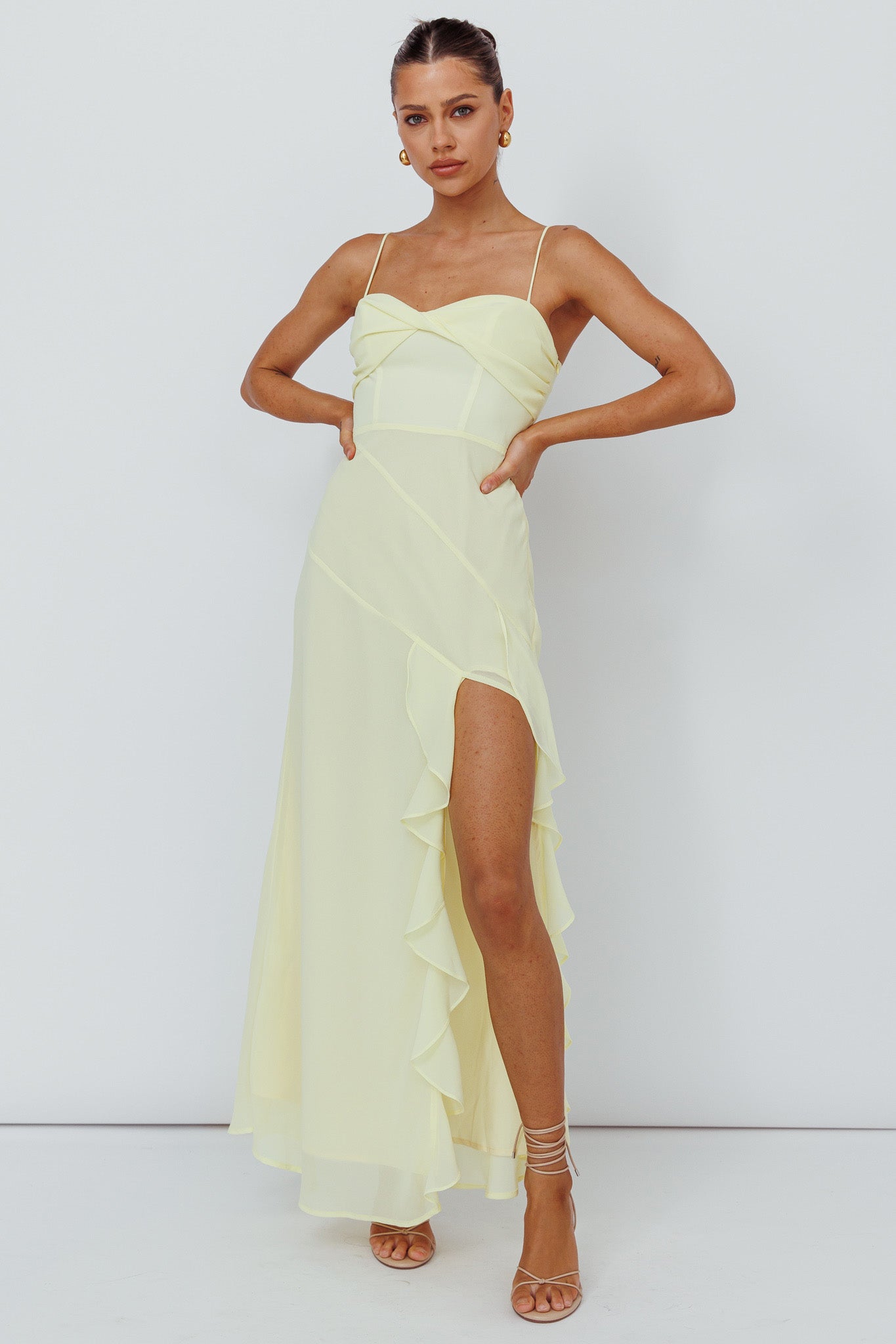 Jayna Ruffle Trim Split Dress Yellow-Maymioy