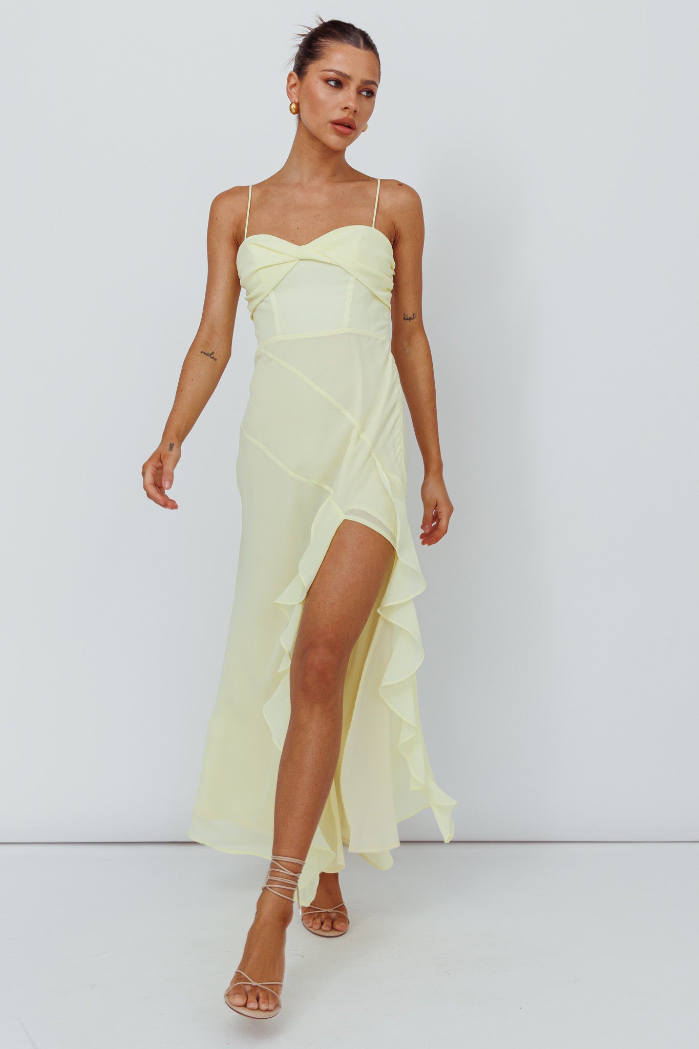 Jayna Ruffle Trim Split Dress Yellow-Maymioy