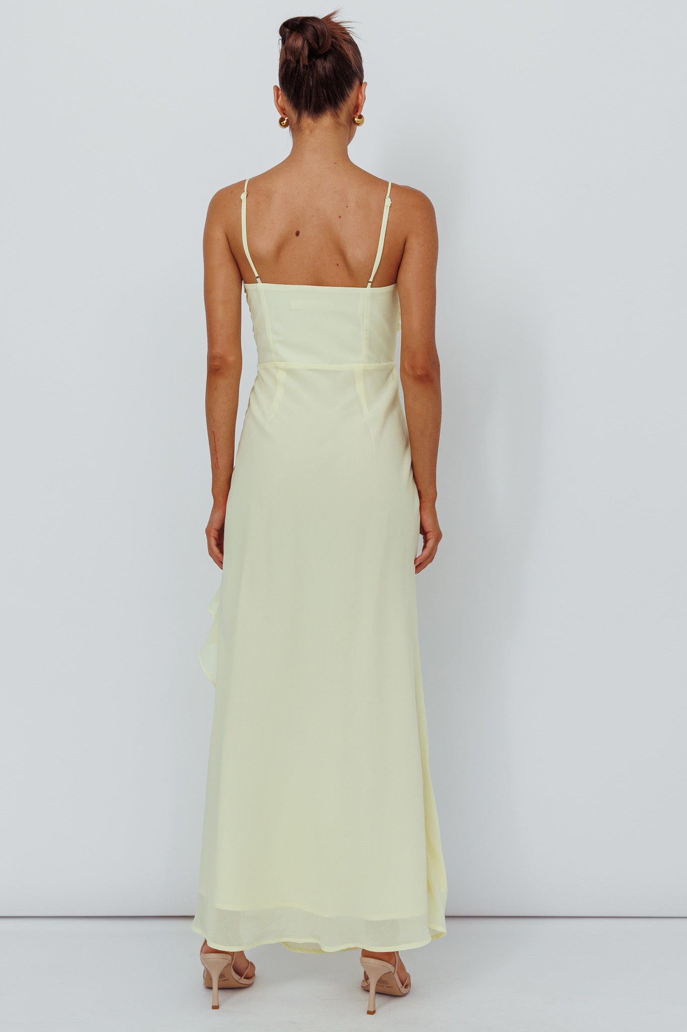Jayna Ruffle Trim Split Dress Yellow-Maymioy