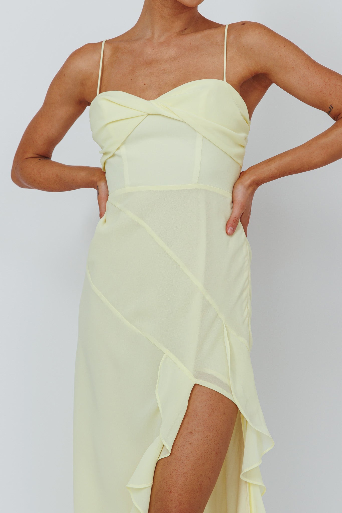 Jayna Ruffle Trim Split Dress Yellow-Maymioy