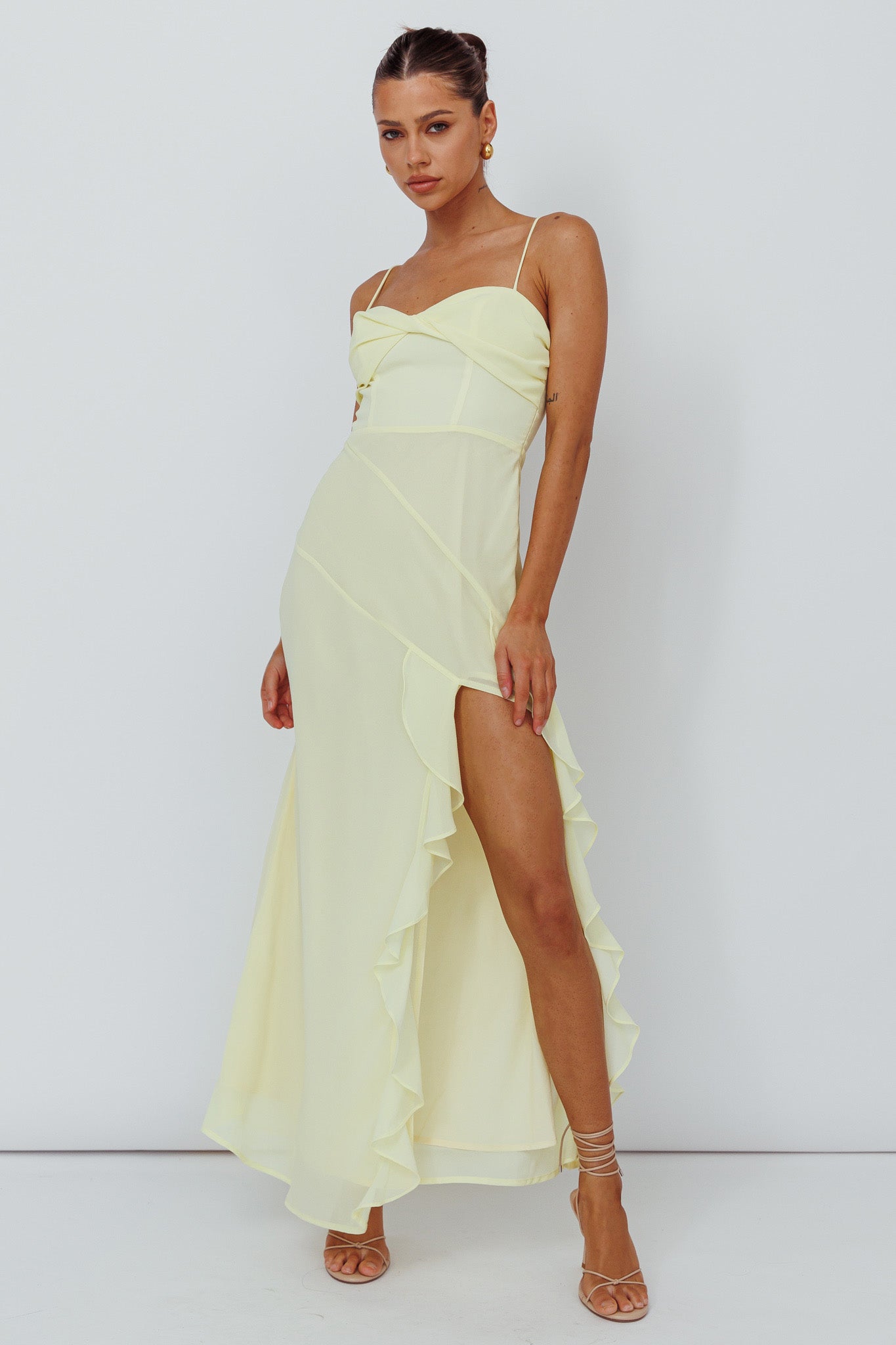 Jayna Ruffle Trim Split Dress Yellow-Maymioy