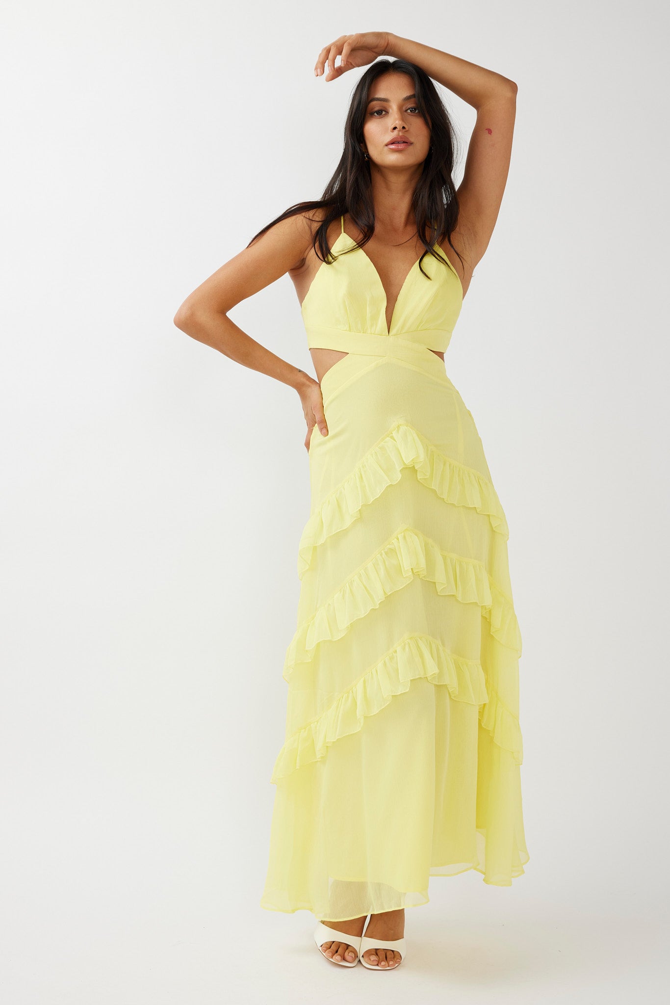Joss Ruffle Trim Cut-Out Dress Yellow-Maymioy