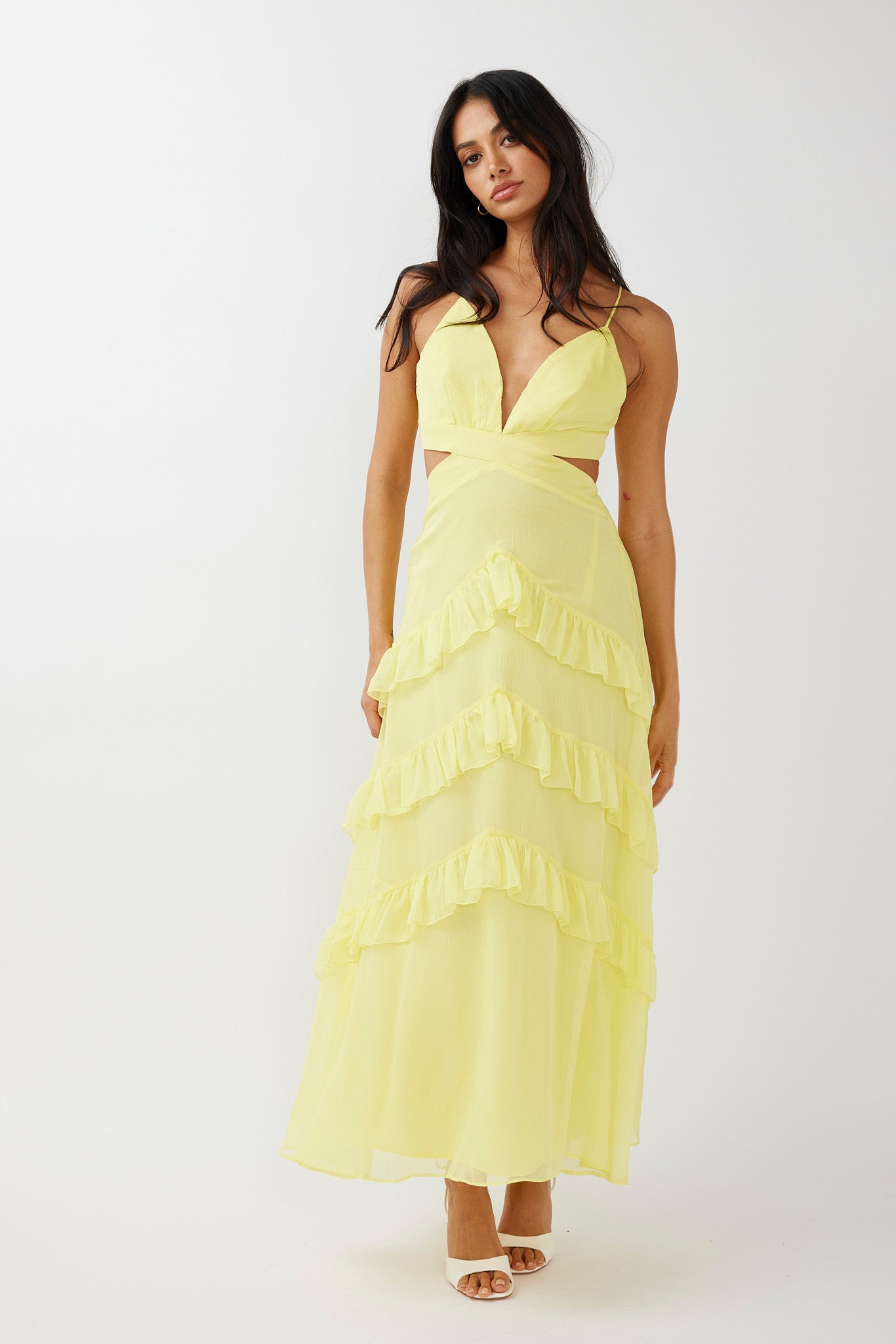 Joss Ruffle Trim Cut-Out Dress Yellow-Maymioy