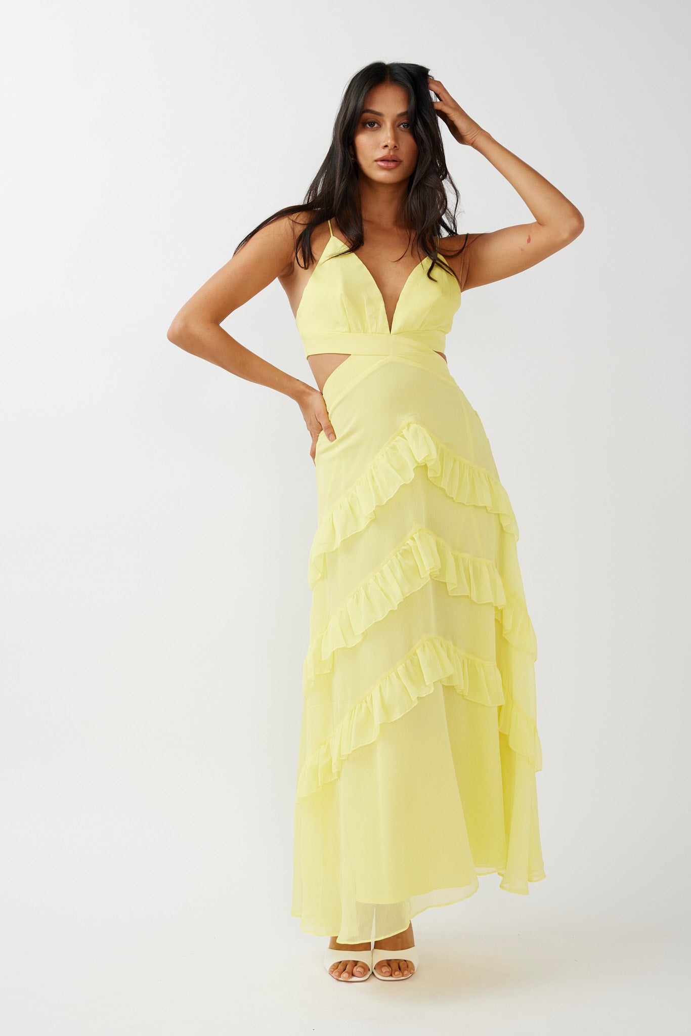 Joss Ruffle Trim Cut-Out Dress Yellow-Maymioy
