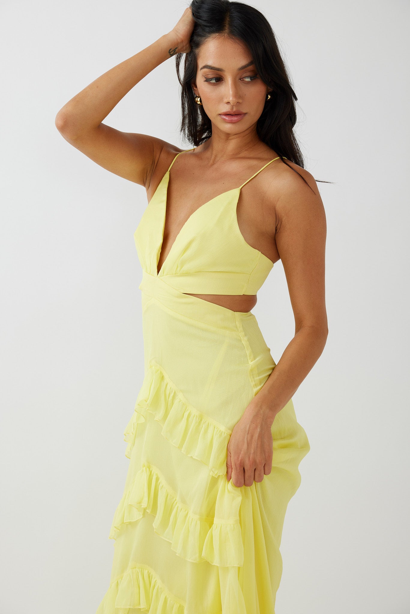 Joss Ruffle Trim Cut-Out Dress Yellow-Maymioy