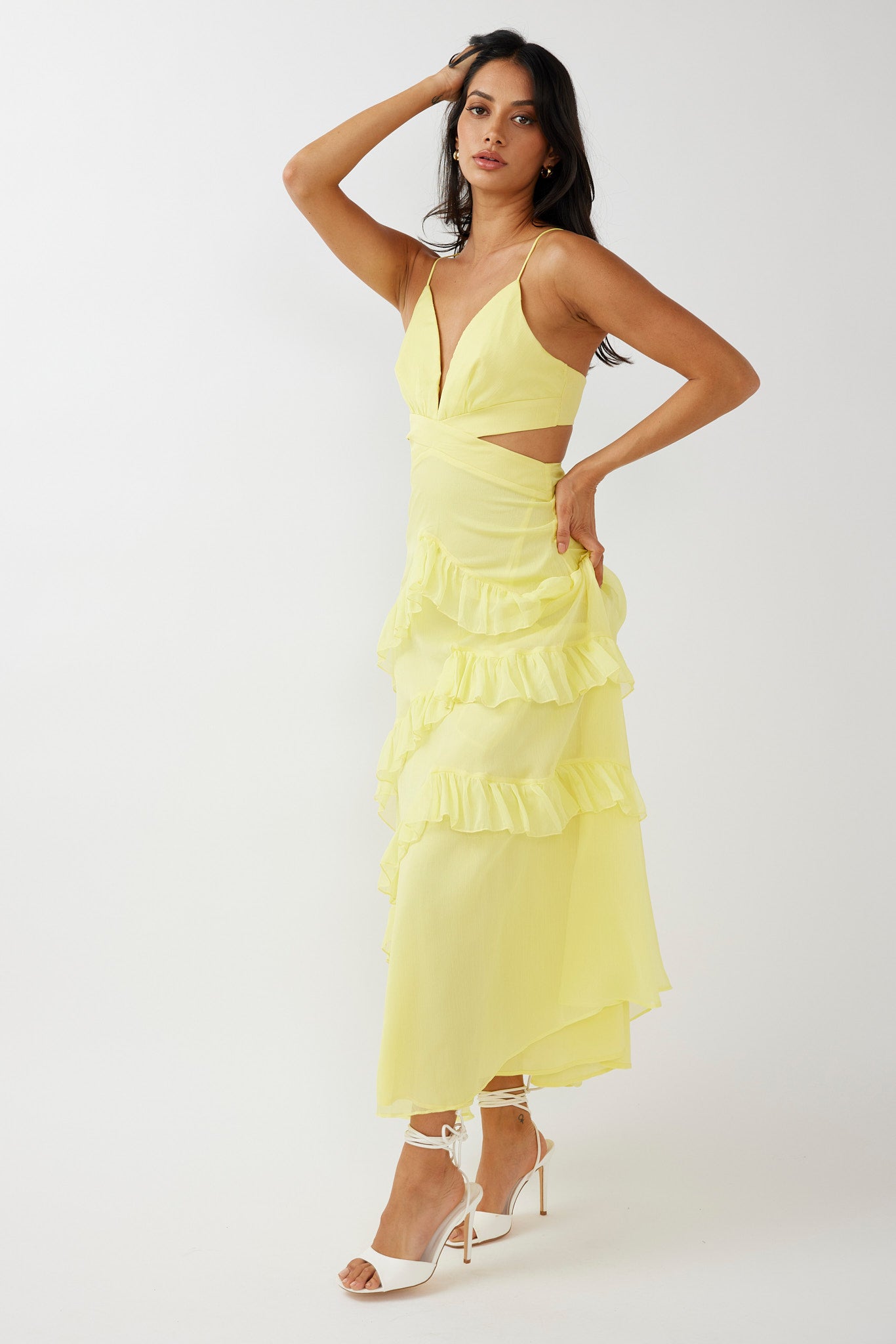 Joss Ruffle Trim Cut-Out Dress Yellow-Maymioy