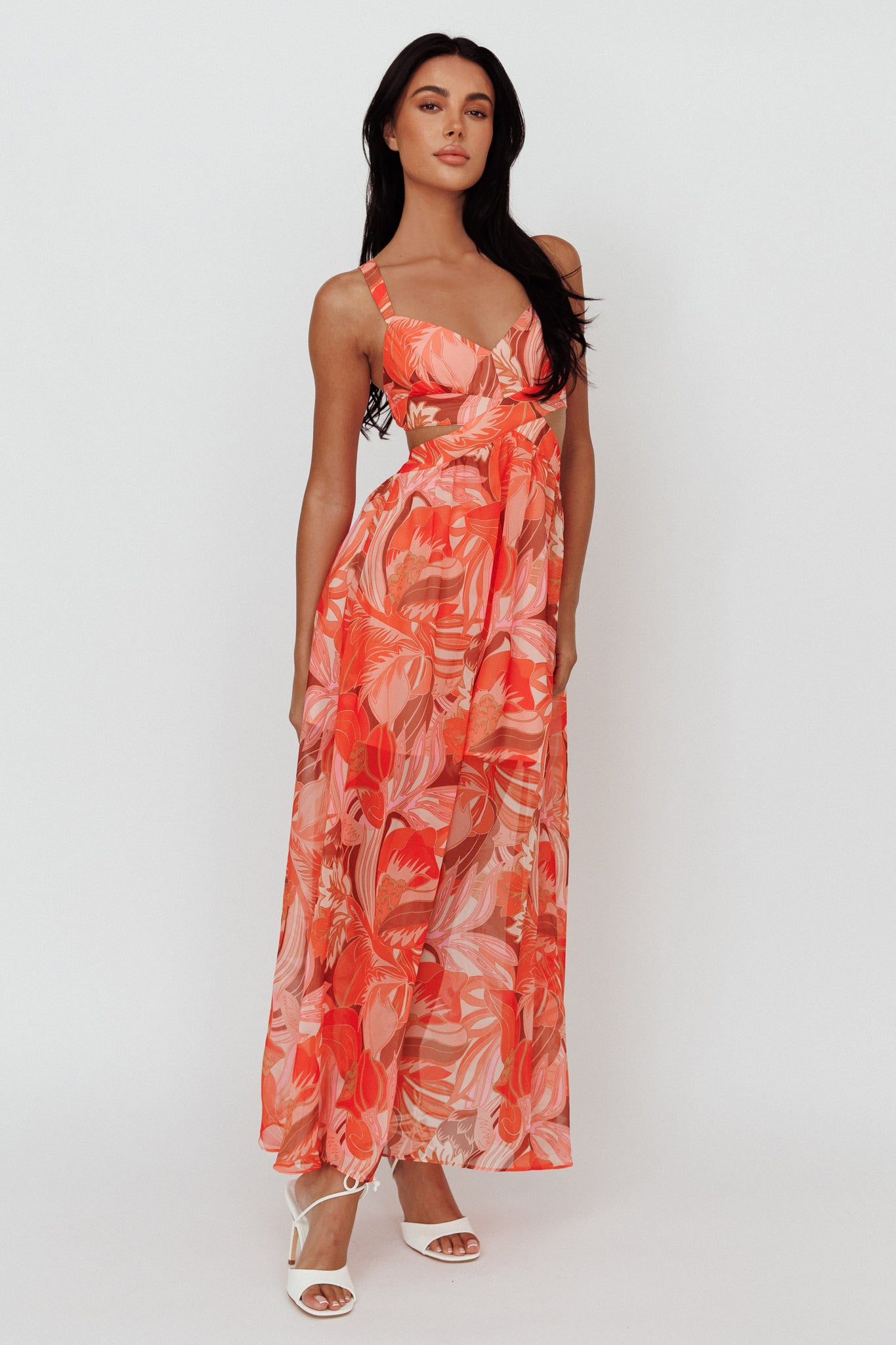 Maura Lace-Up Back Maxi Dress Floral Red-Maymioy