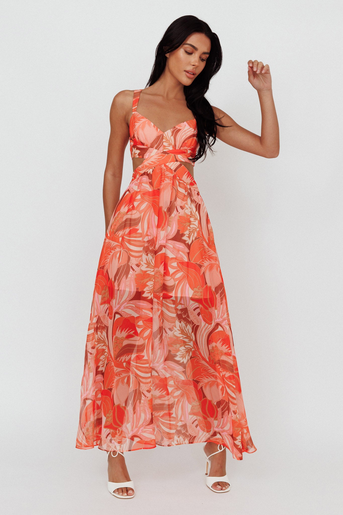 Maura Lace-Up Back Maxi Dress Floral Red-Maymioy