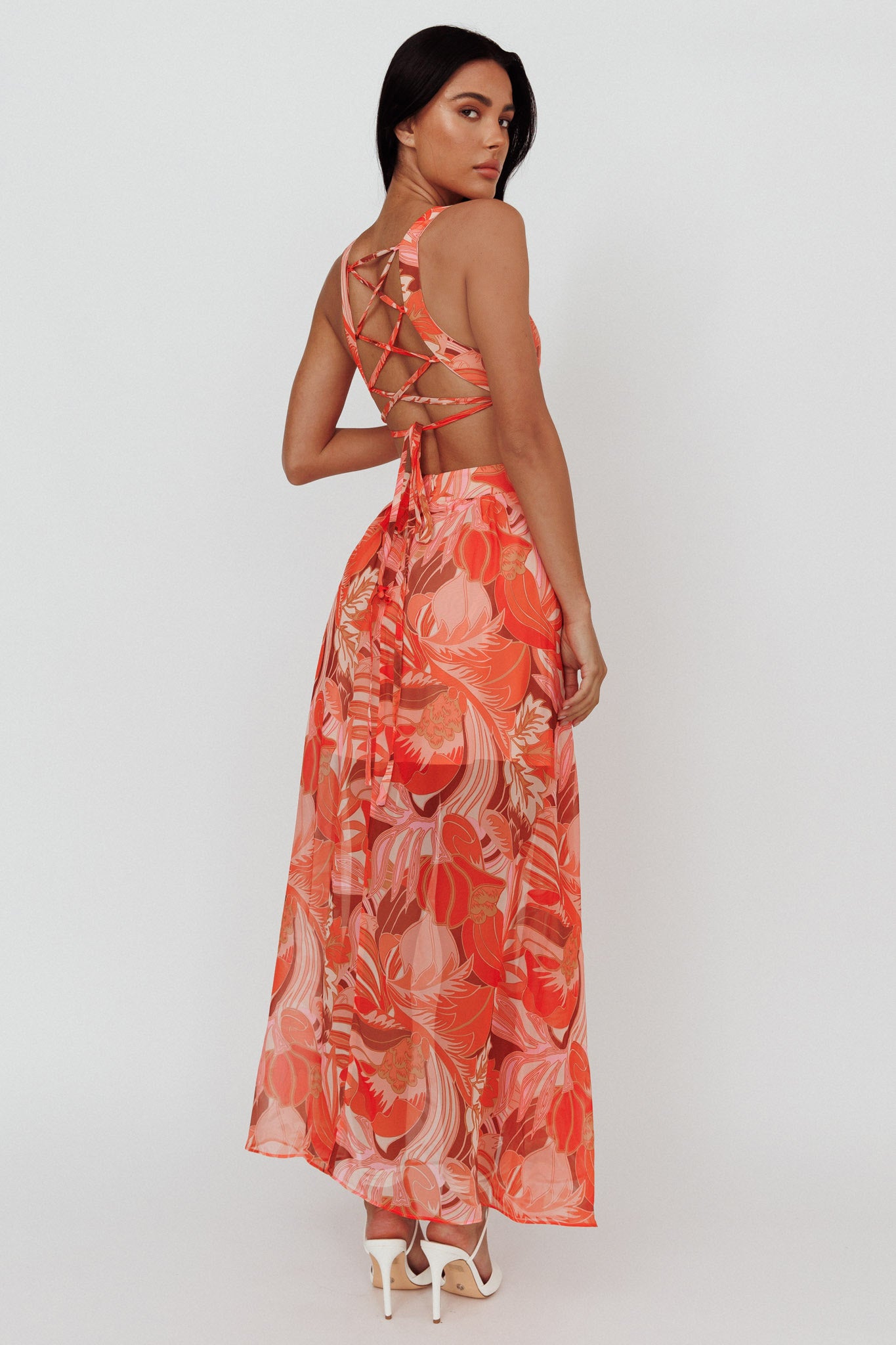 Maura Lace-Up Back Maxi Dress Floral Red-Maymioy