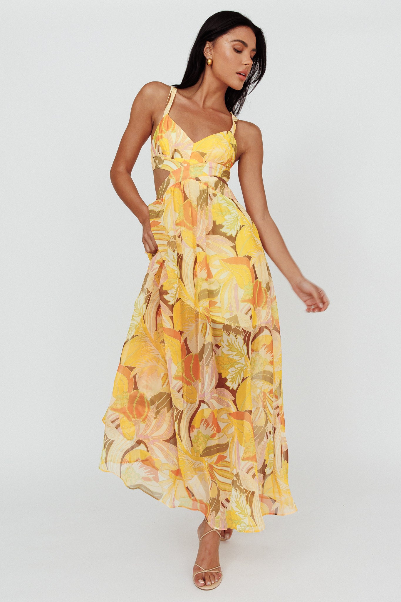 Maura Lace-Up Back Maxi Dress Floral Yellow-Maymioy