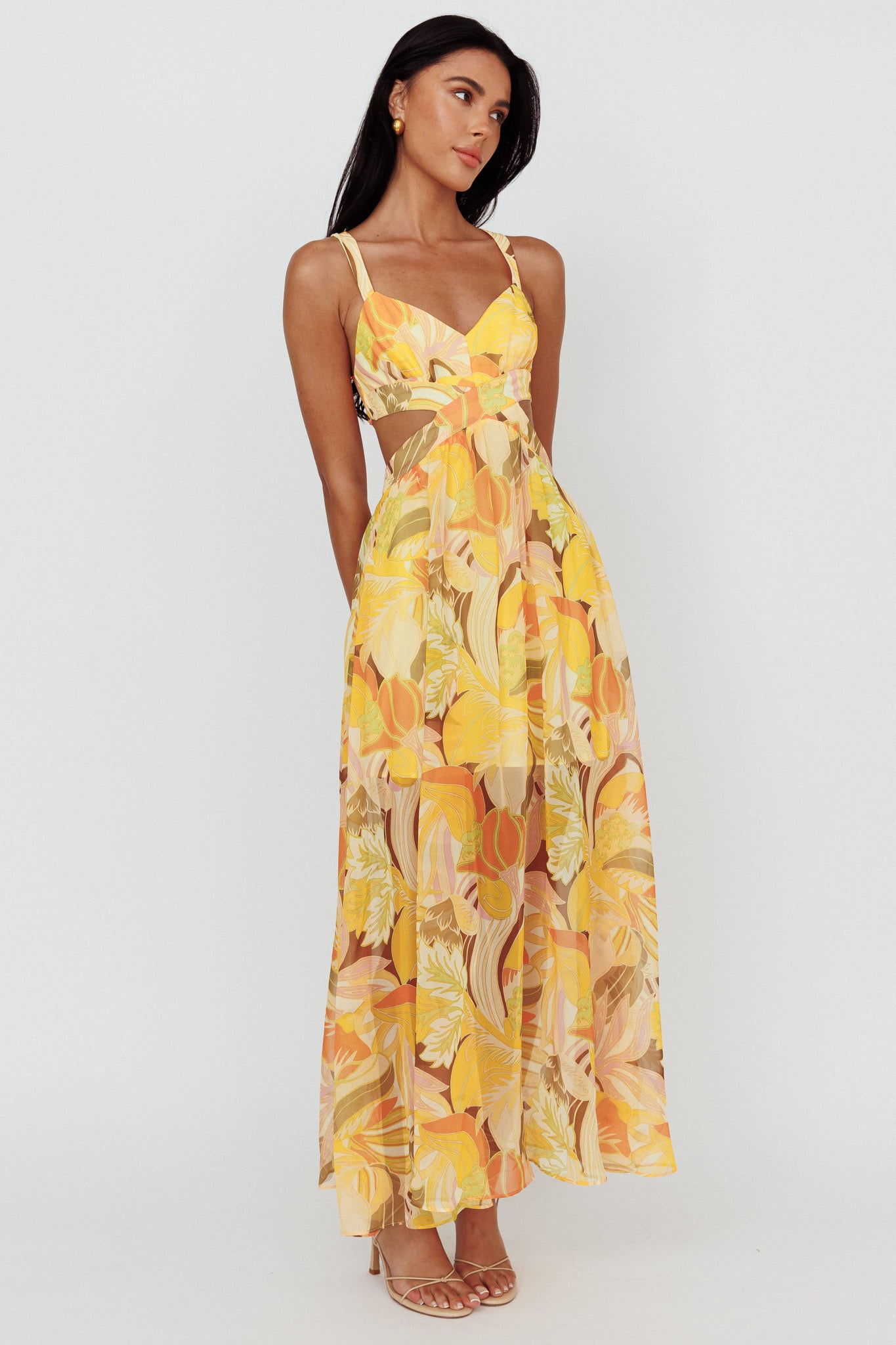 Maura Lace-Up Back Maxi Dress Floral Yellow-Maymioy
