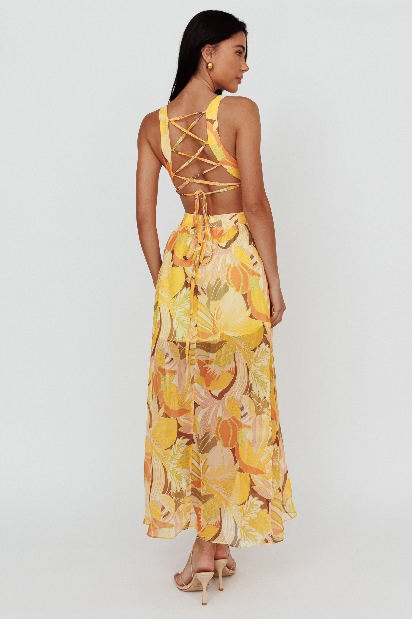Maura Lace-Up Back Maxi Dress Floral Yellow-Maymioy