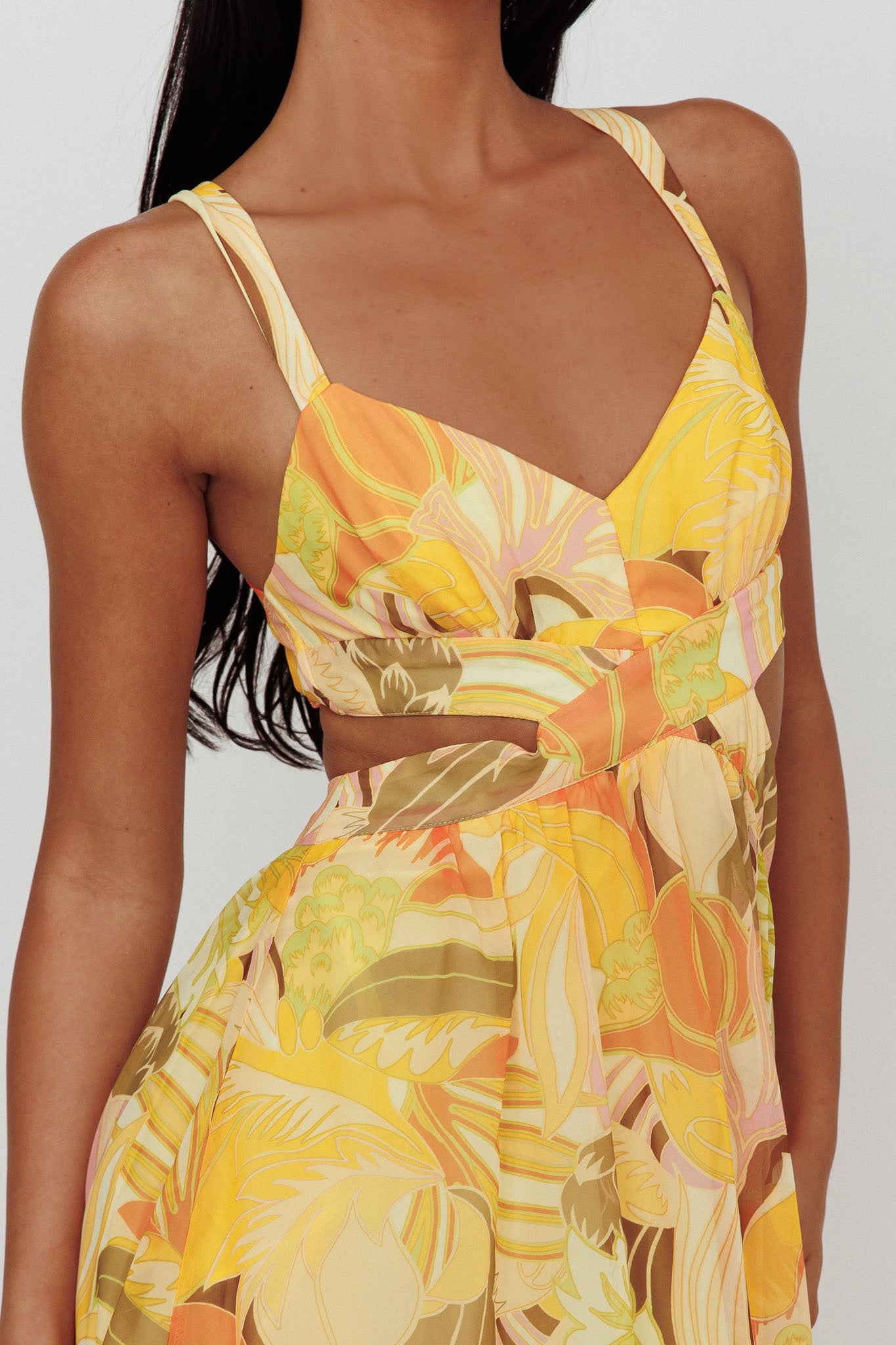 Maura Lace-Up Back Maxi Dress Floral Yellow-Maymioy