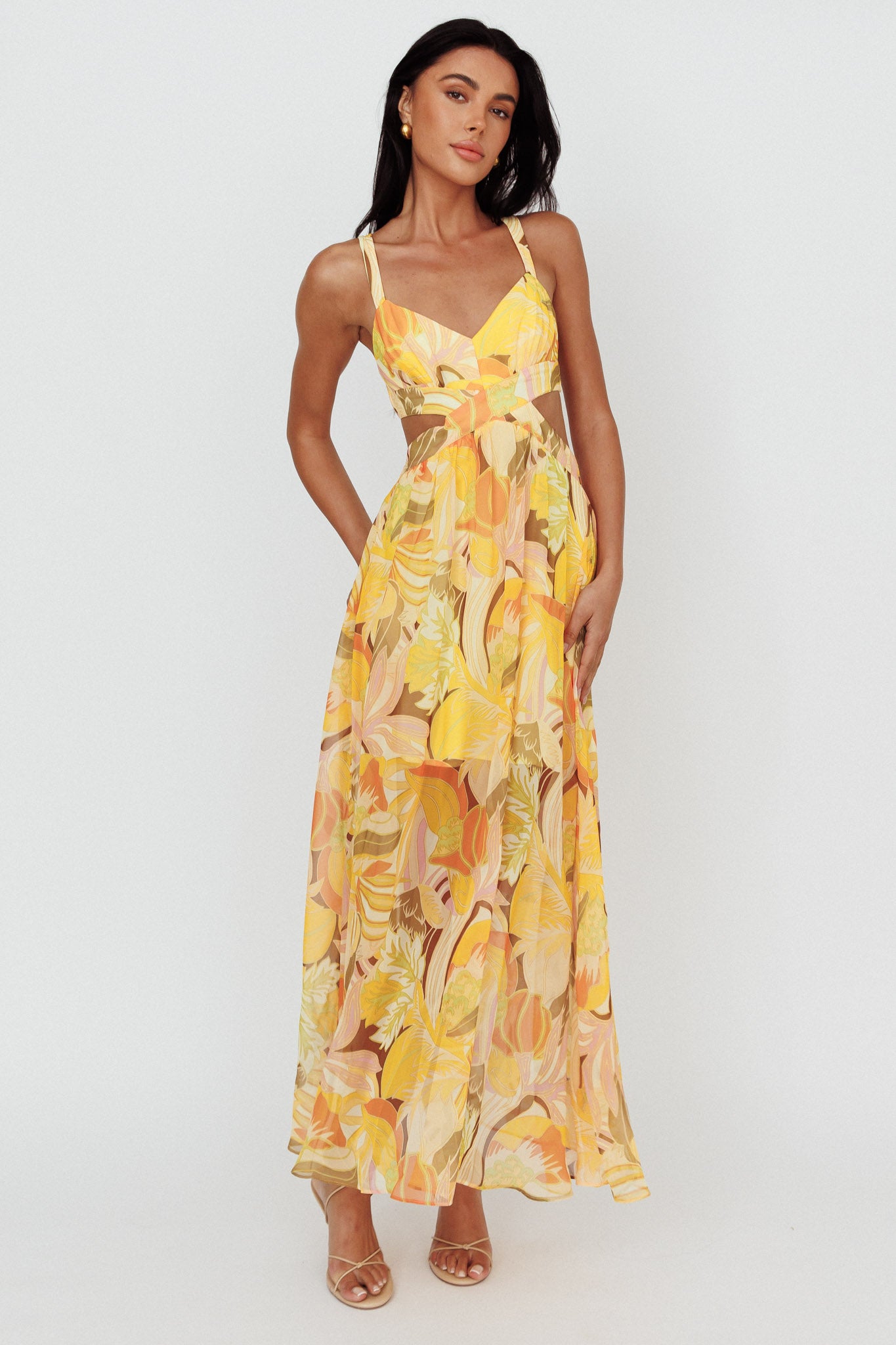 Maura Lace-Up Back Maxi Dress Floral Yellow-Maymioy