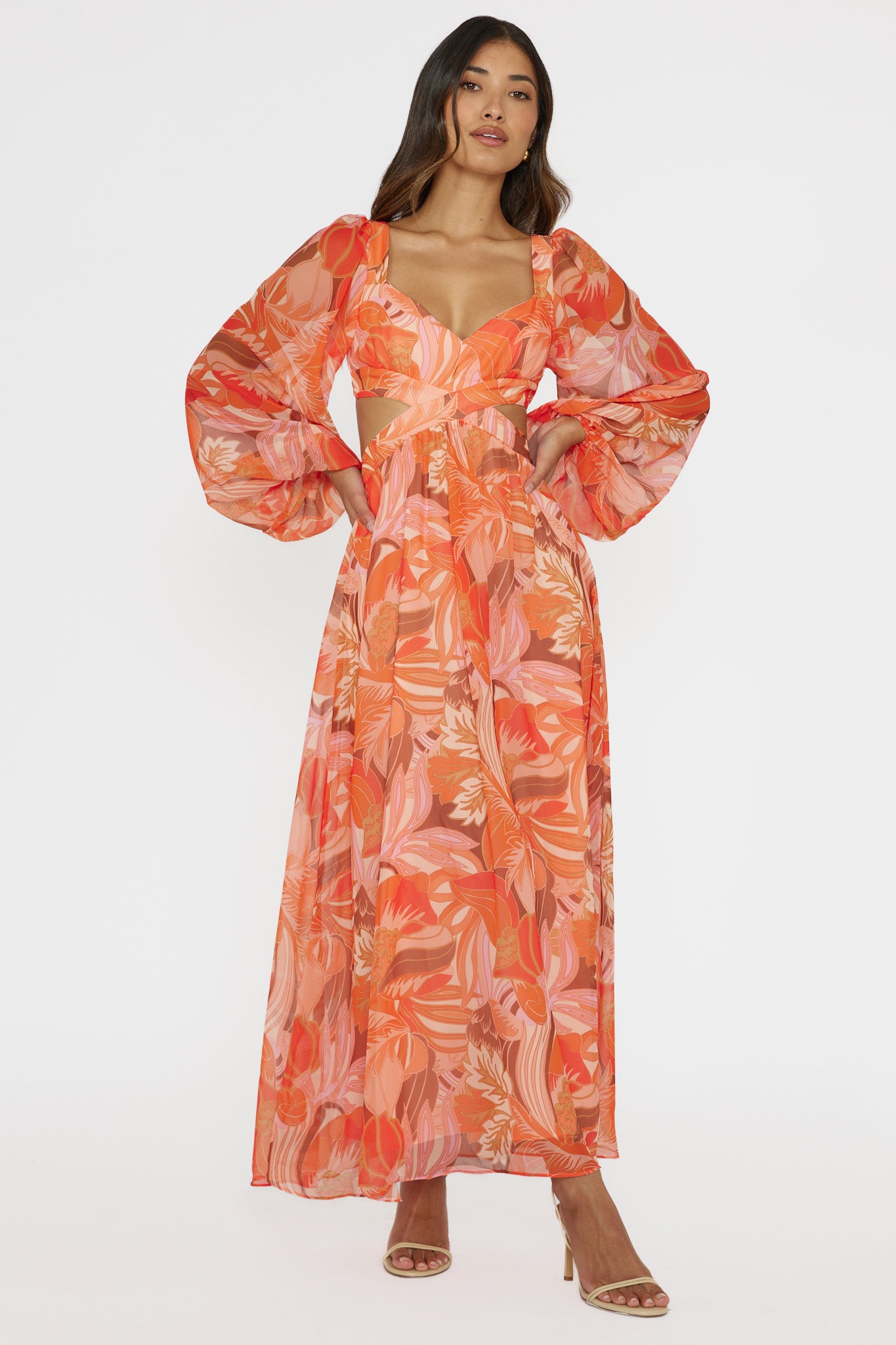 Maura Long Sleeve Lace-Up Back Dress Floral Orange-Maymioy