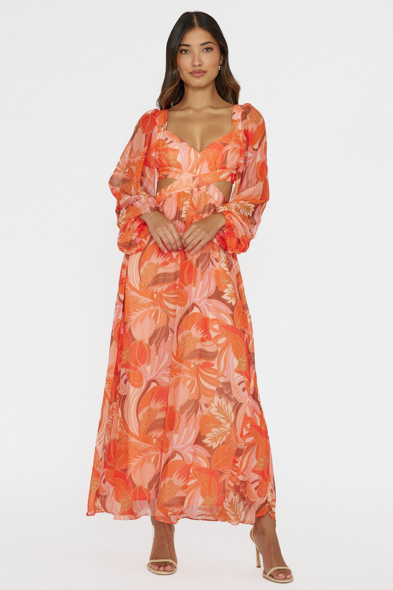 Maura Long Sleeve Lace-Up Back Dress Floral Orange-Maymioy