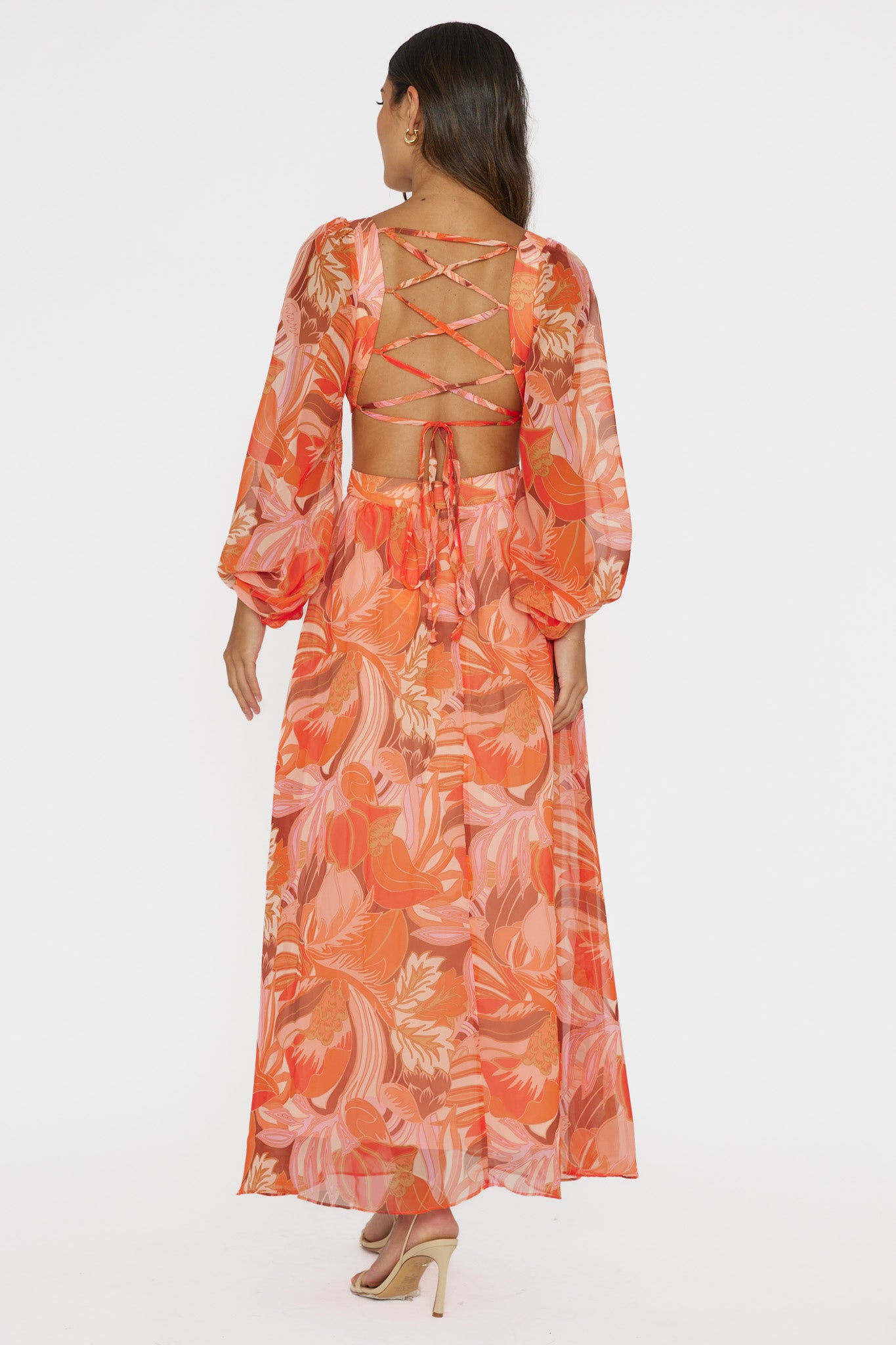Maura Long Sleeve Lace-Up Back Dress Floral Orange-Maymioy