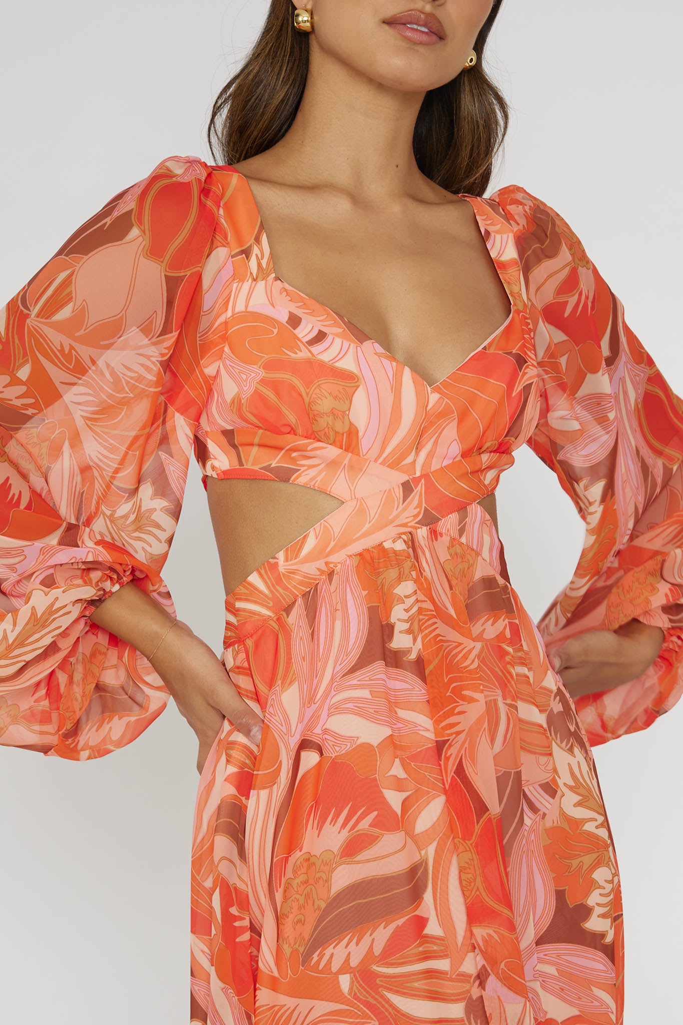 Maura Long Sleeve Lace-Up Back Dress Floral Orange-Maymioy