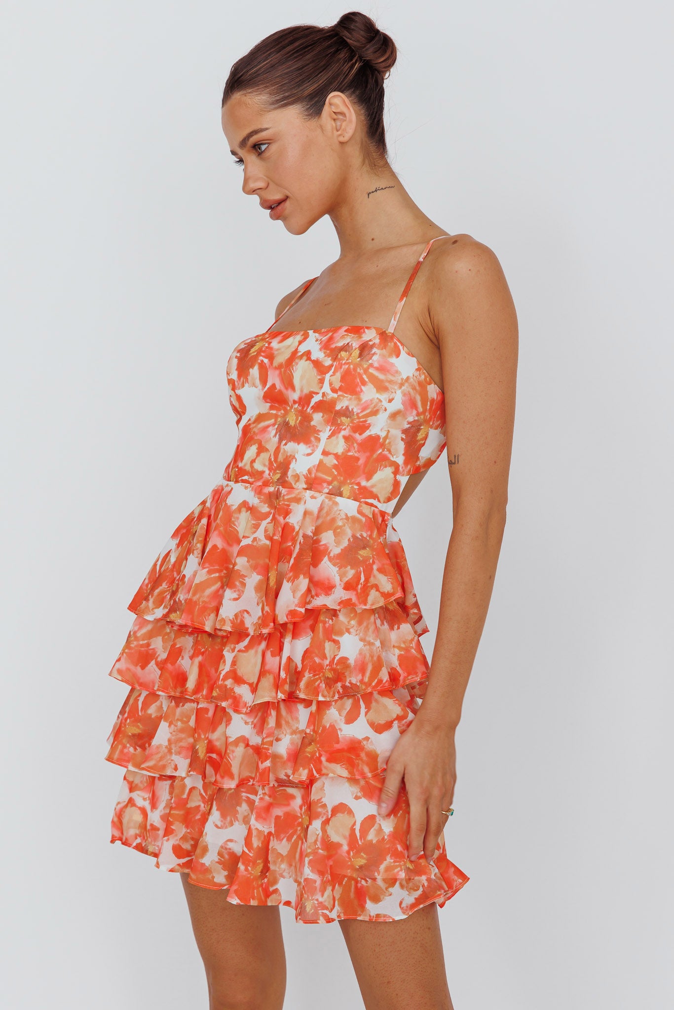 Lauran Tied Back Frill Dress Floral Orange-Maymioy
