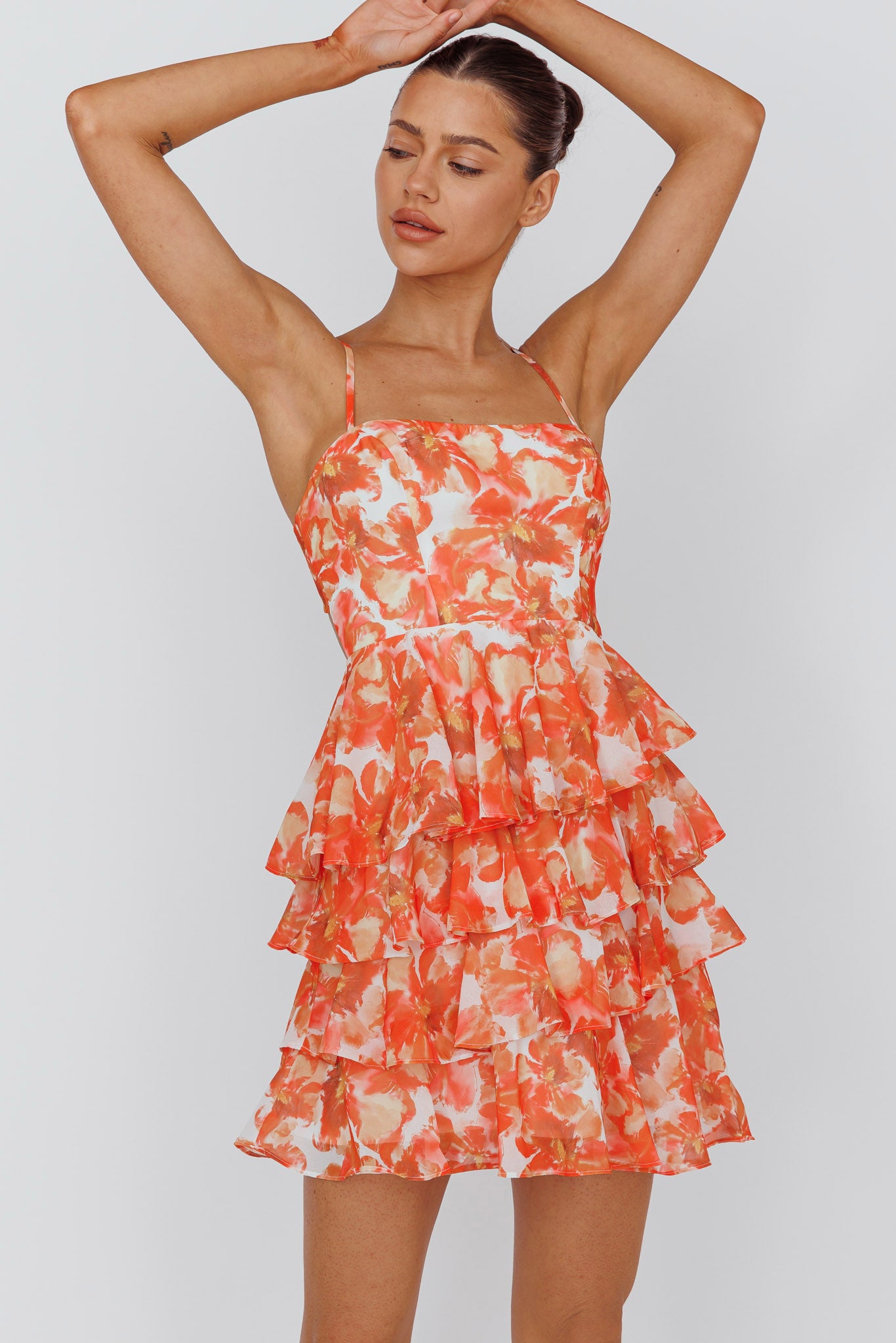 Lauran Tied Back Frill Dress Floral Orange-Maymioy
