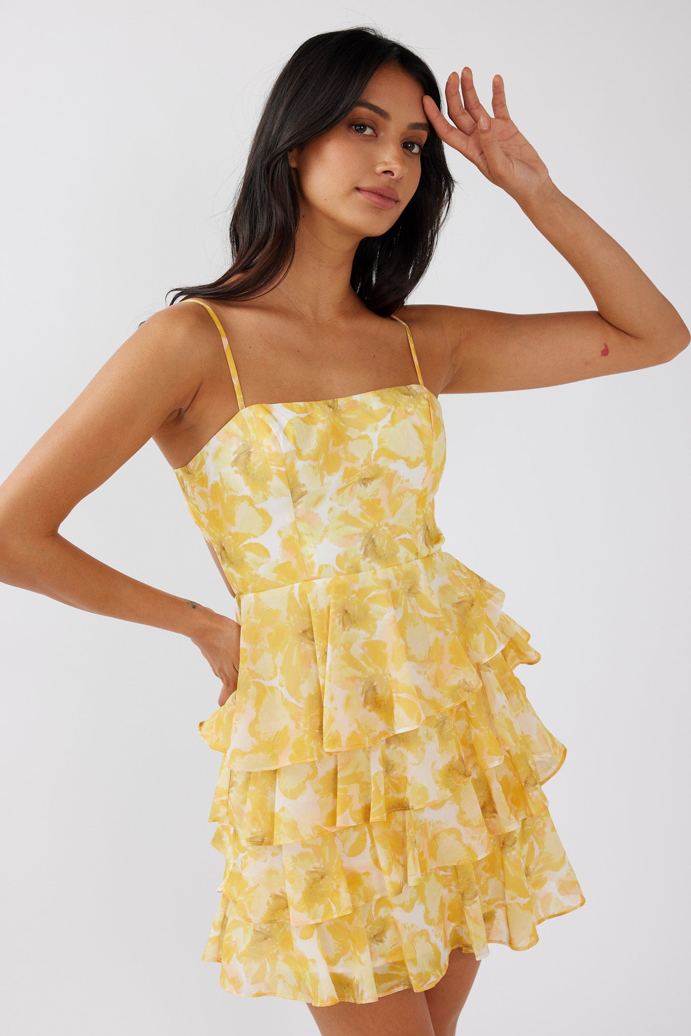 Lauran Tied Back Frill Dress Floral Yellow-Maymioy
