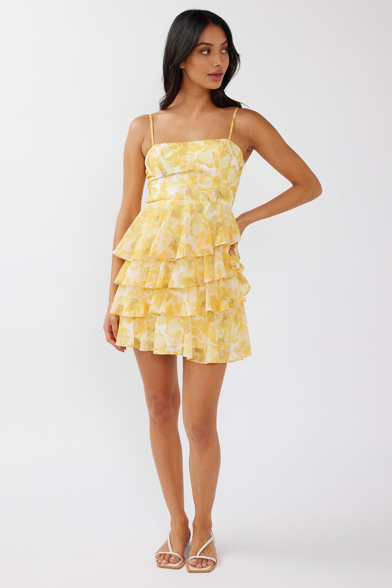 Lauran Tied Back Frill Dress Floral Yellow-Maymioy