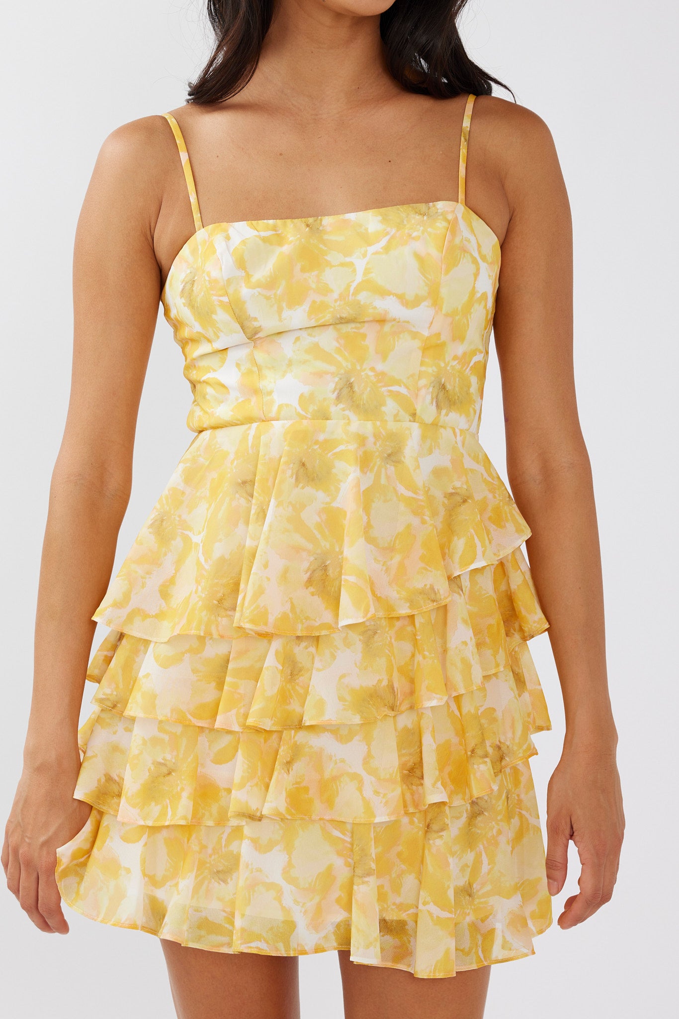 Lauran Tied Back Frill Dress Floral Yellow-Maymioy