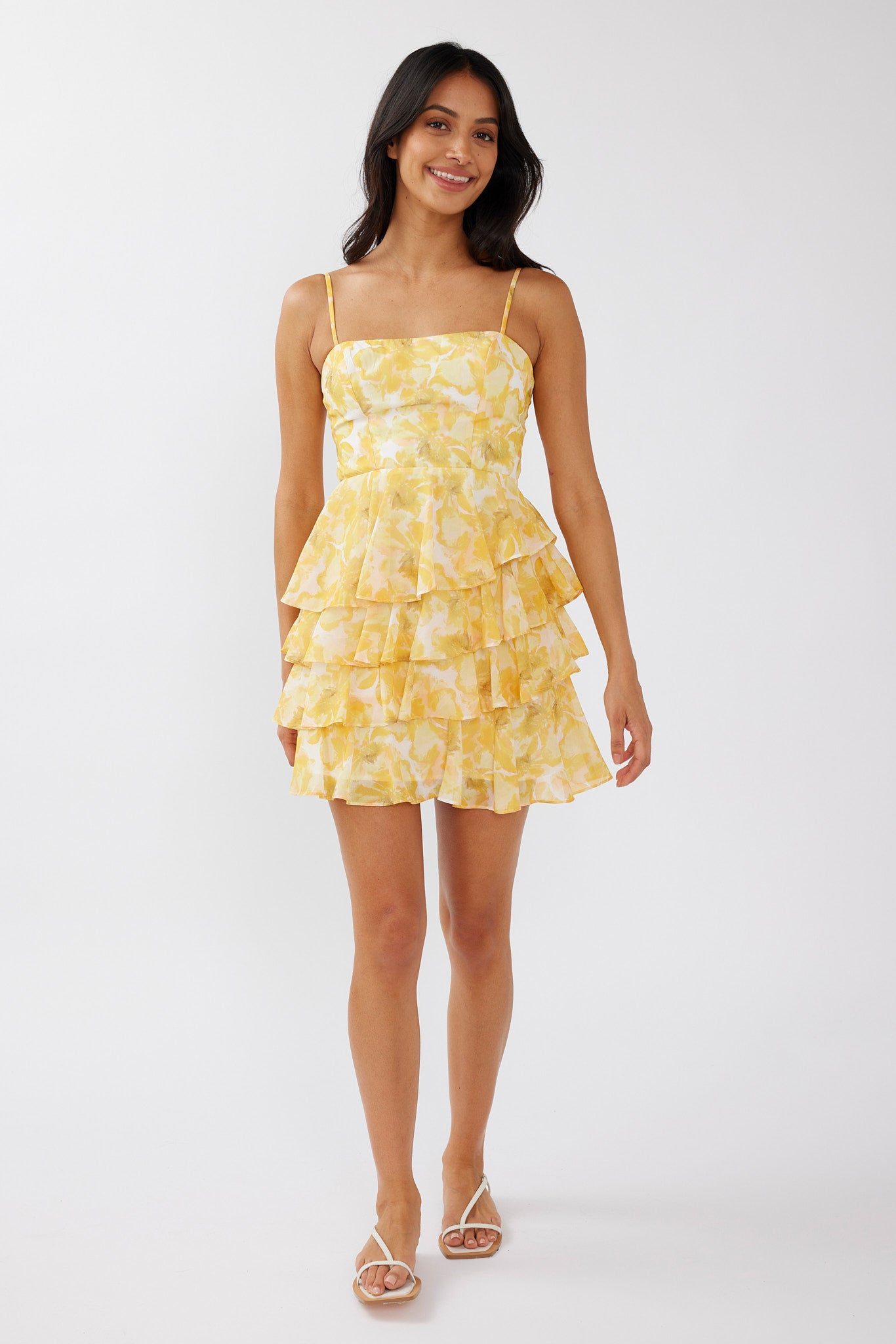 Lauran Tied Back Frill Dress Floral Yellow-Maymioy