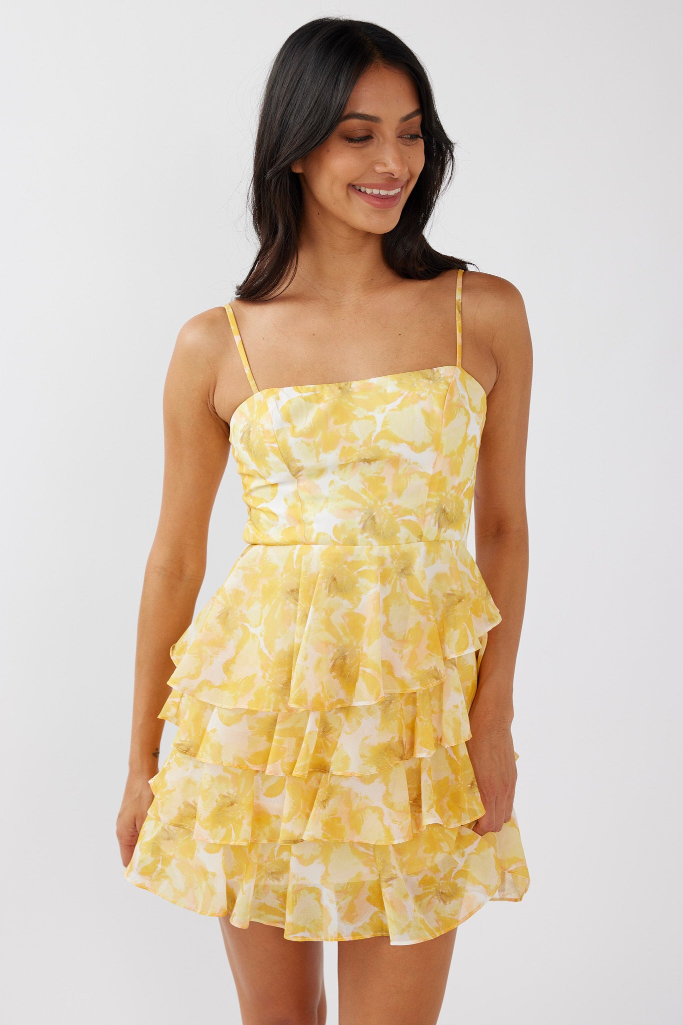 Lauran Tied Back Frill Dress Floral Yellow-Maymioy