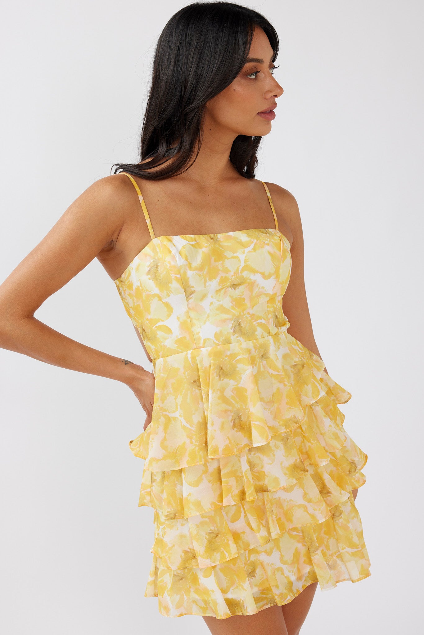 Lauran Tied Back Frill Dress Floral Yellow-Maymioy