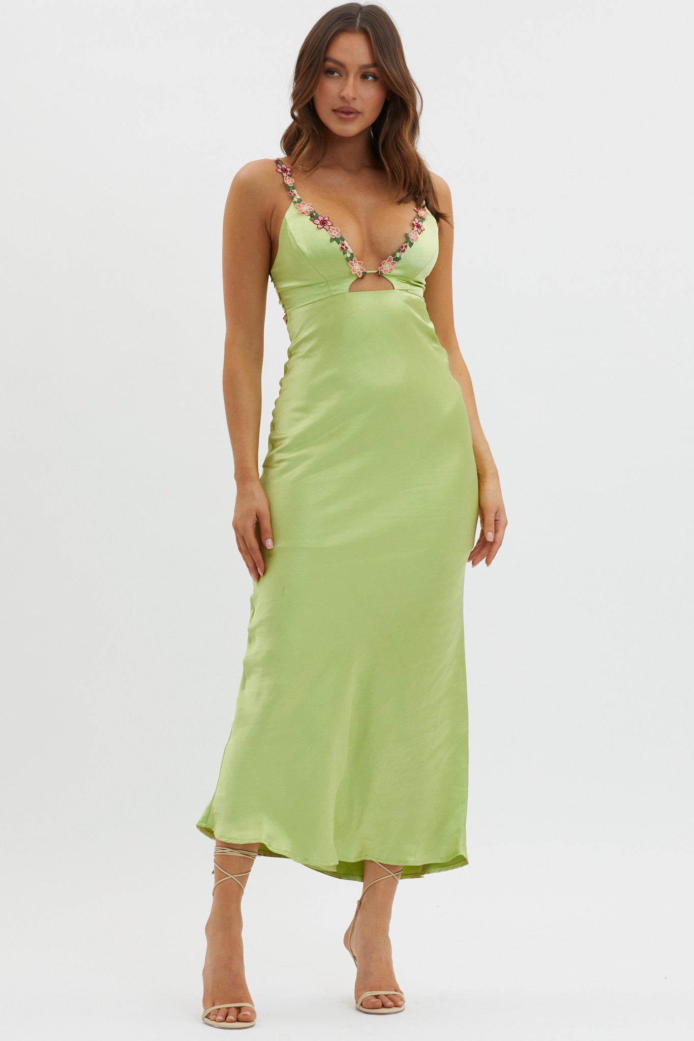 Muse Cut-Out Floral Trim Midi Dress Matcha-Maymioy