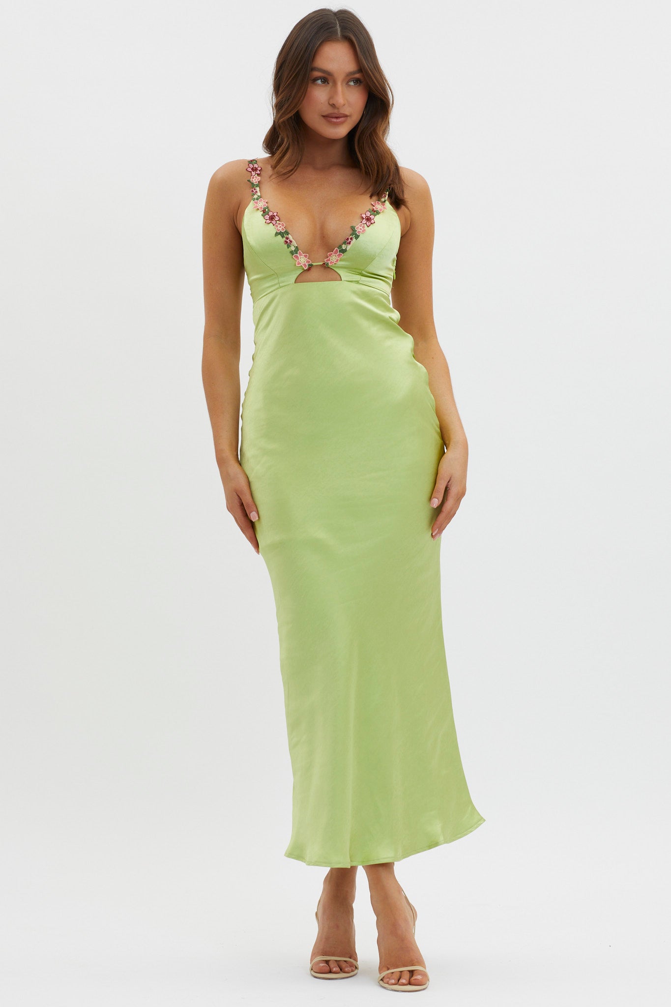 Muse Cut-Out Floral Trim Midi Dress Matcha-Maymioy