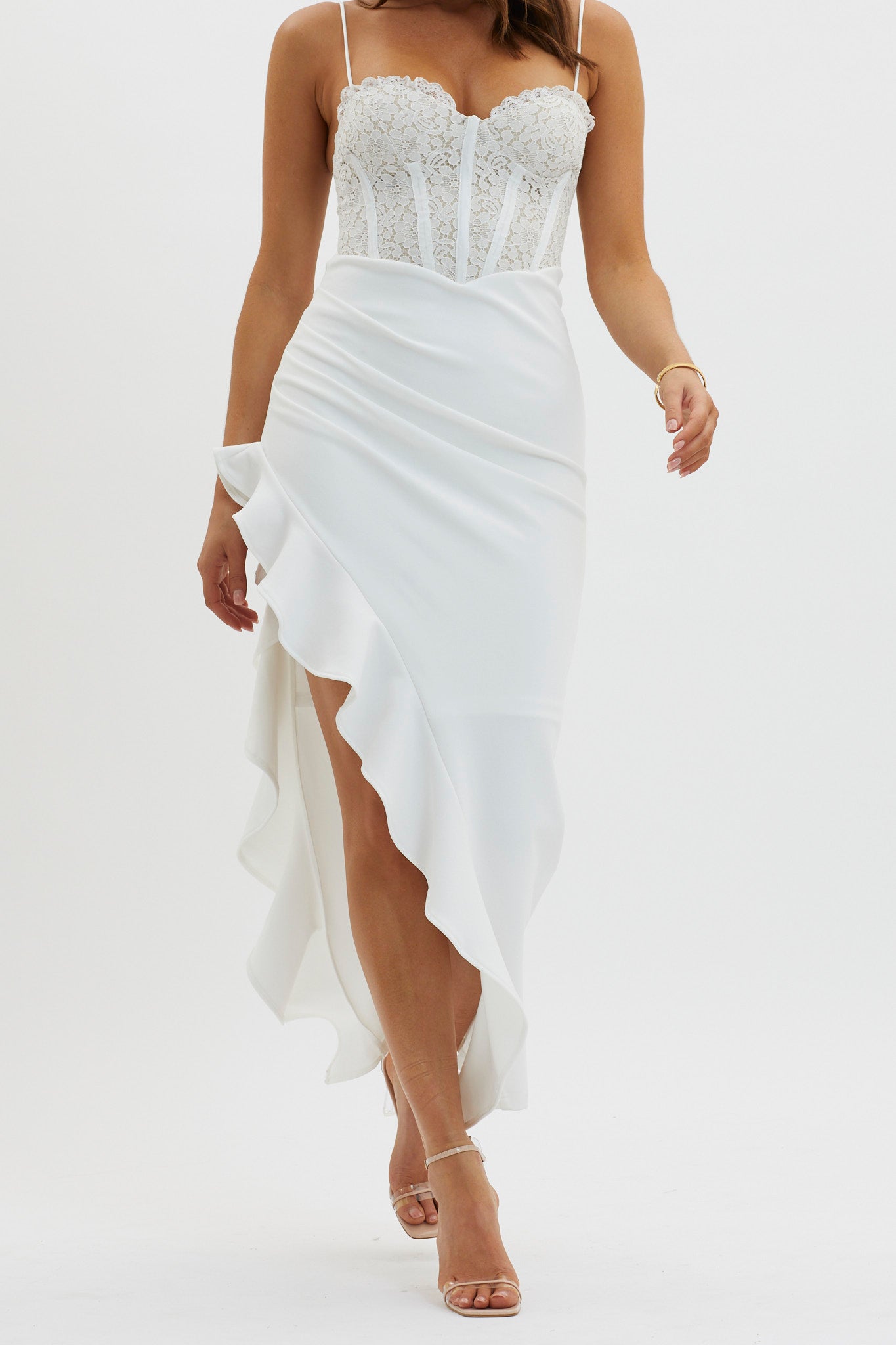 Doe Eyed Lace Bodice Split Dress White-Maymioy