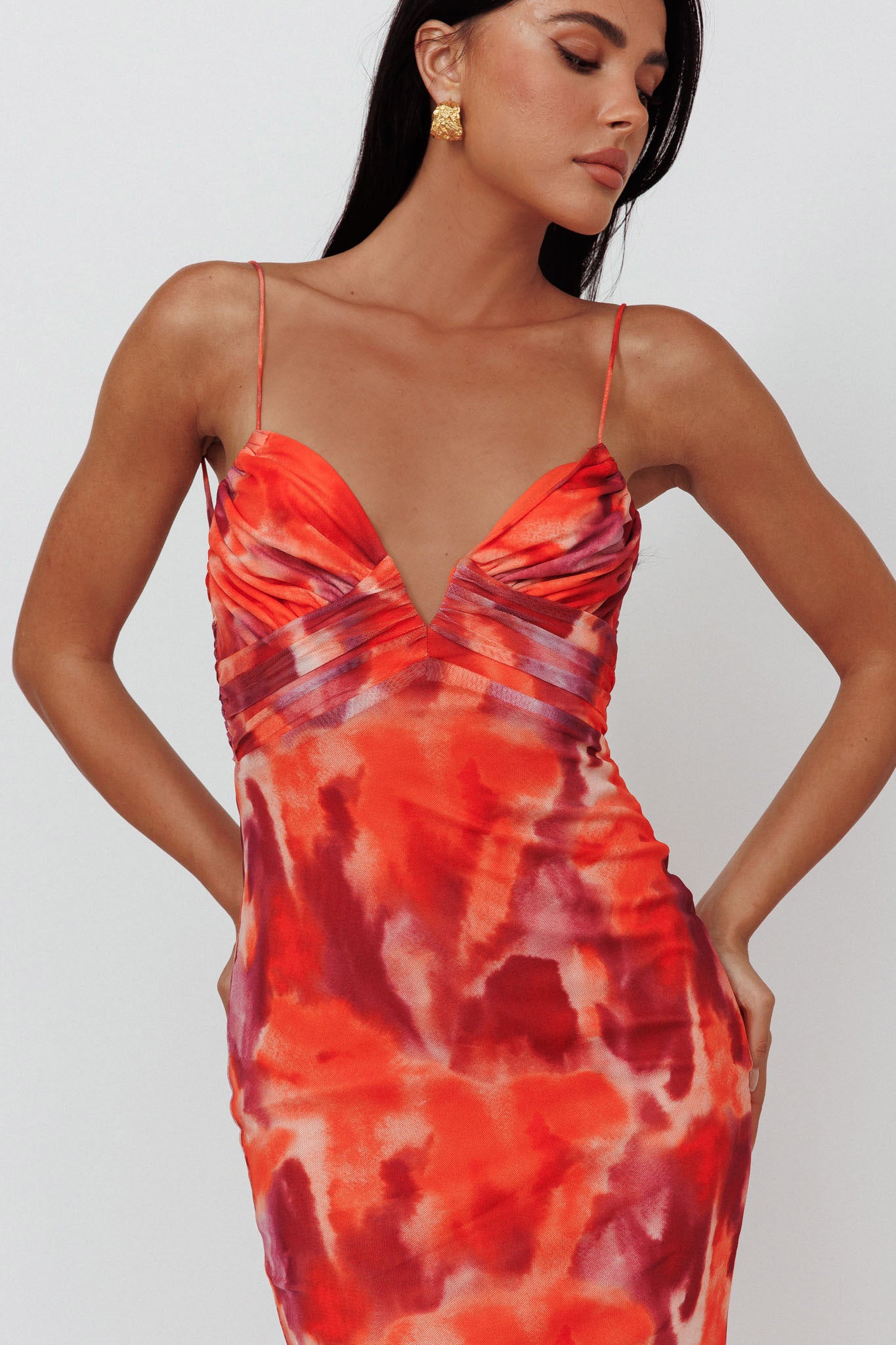 Marrakesh Gathered Bust Maxi Dress Print Orange-Maymioy