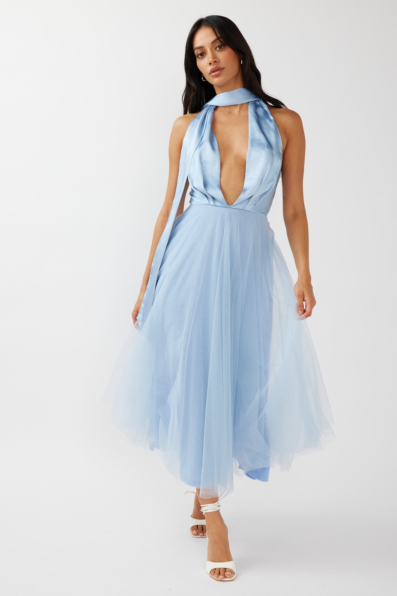 Darci Plunging Neckline Tulle Midi Dress Blue-Maymioy