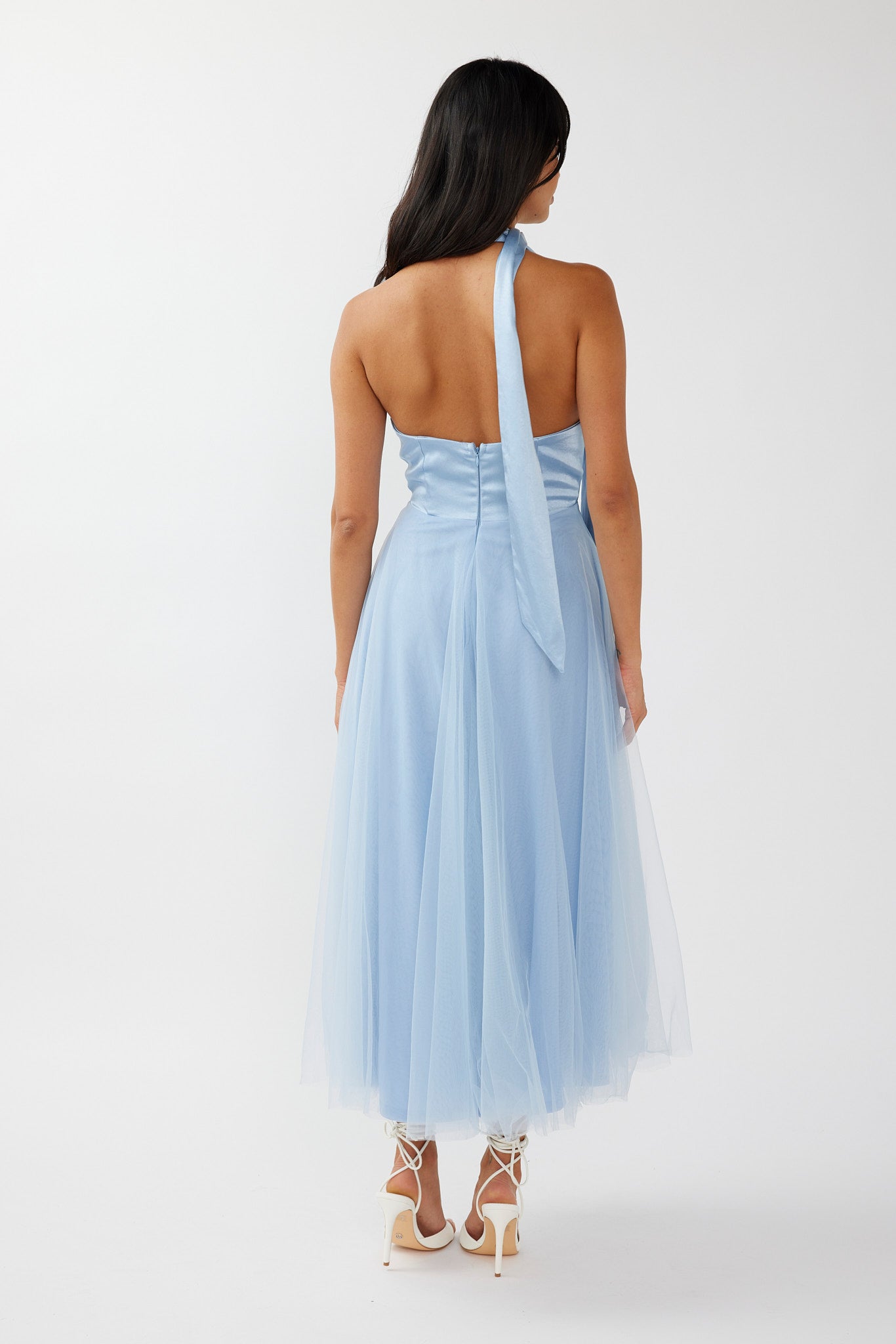 Darci Plunging Neckline Tulle Midi Dress Blue-Maymioy